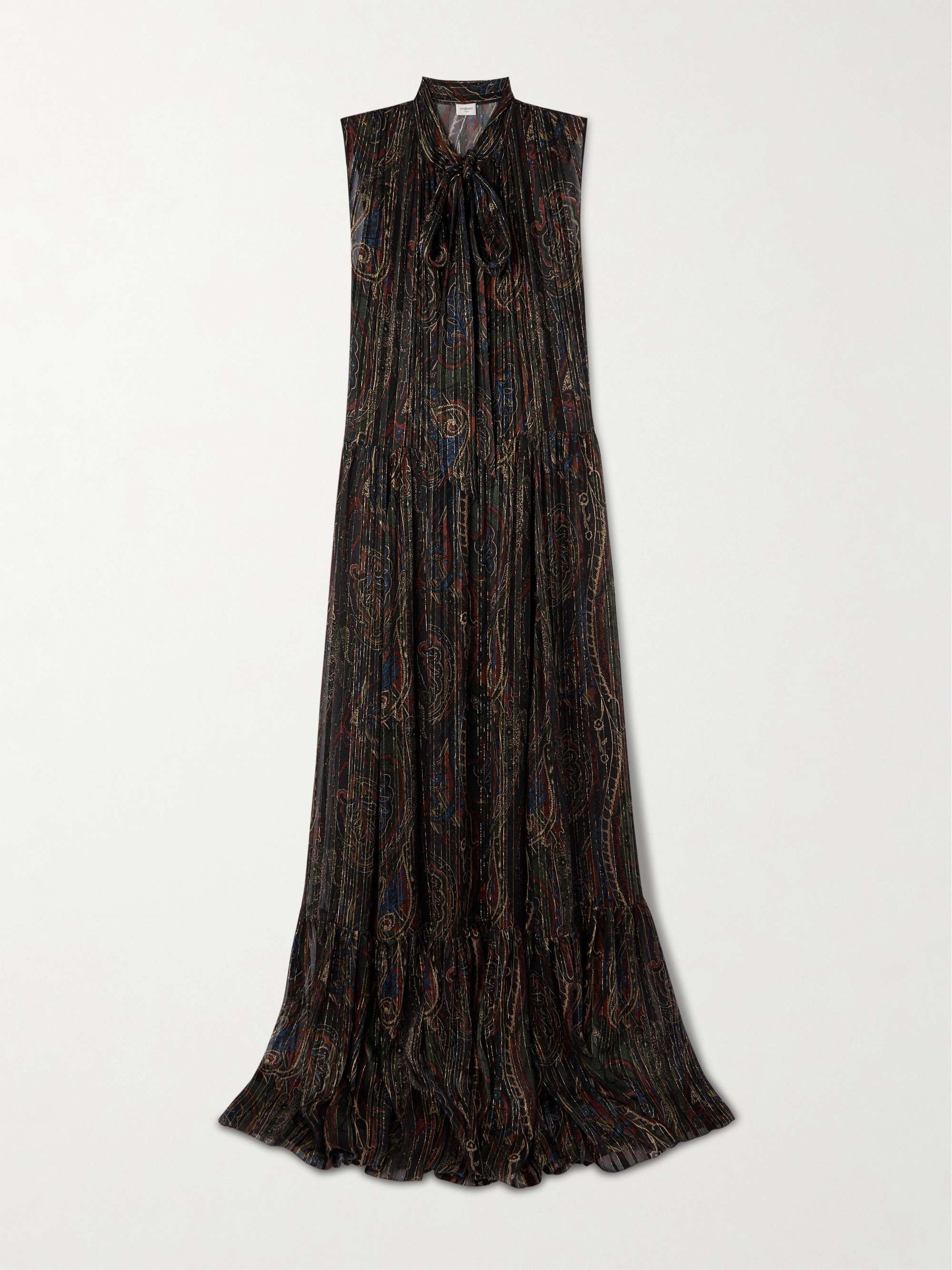 Pleated tiered paisley-print metallic silk-blend georgette maxi dress view
