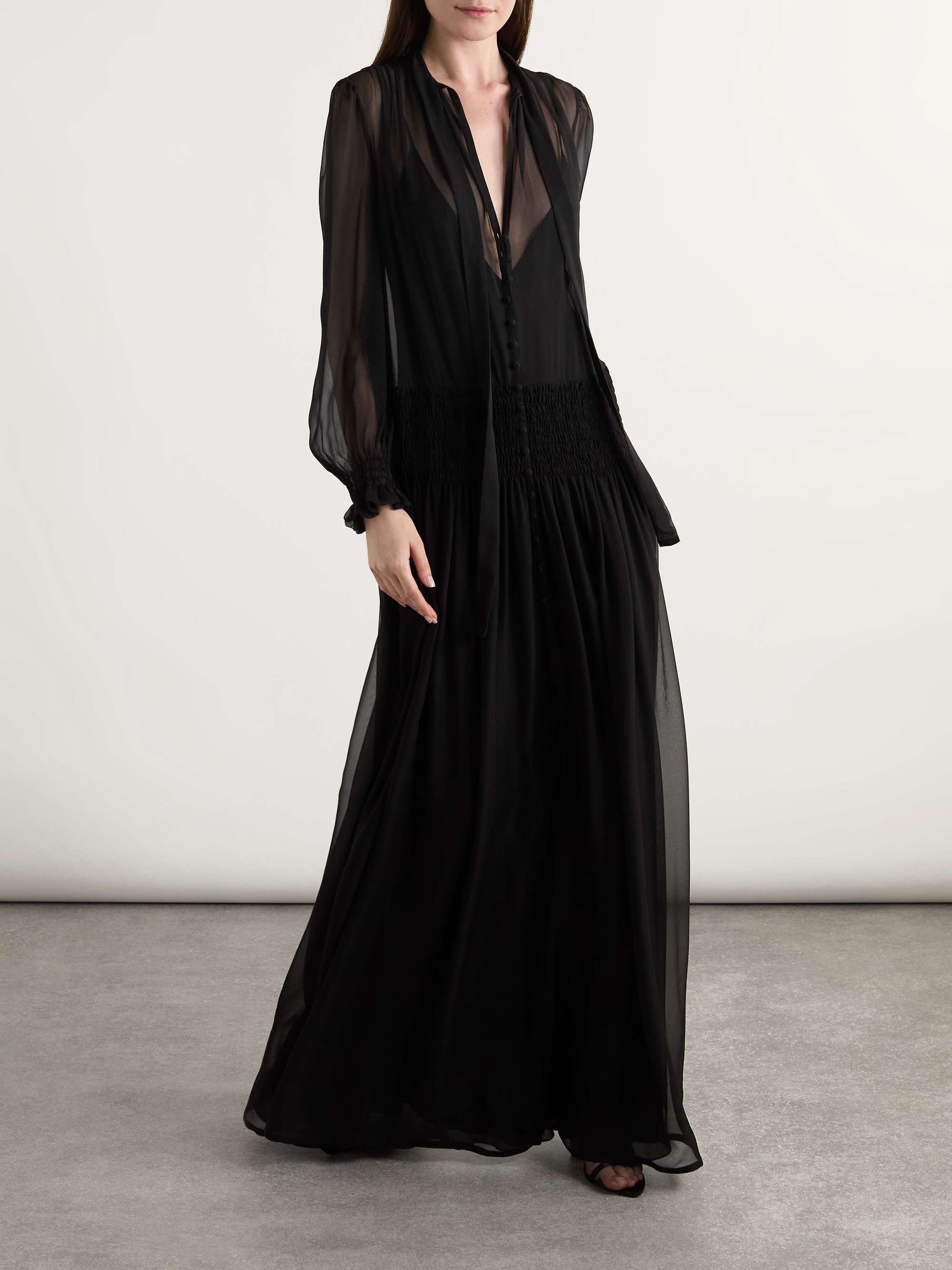 Pussy-bow shirred silk-chiffon maxi dress view