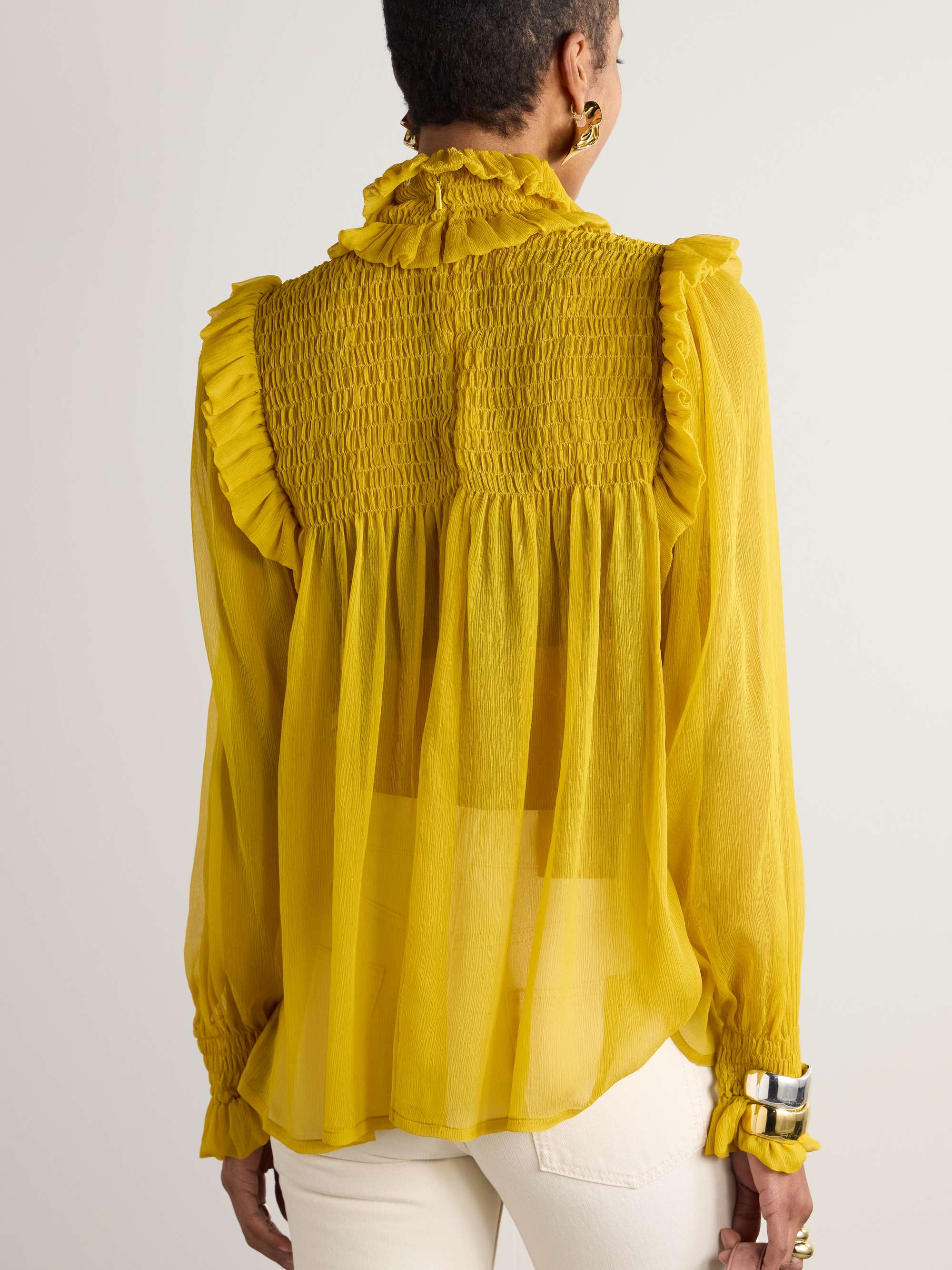 Smocked ruffled silk-crepon blouse view