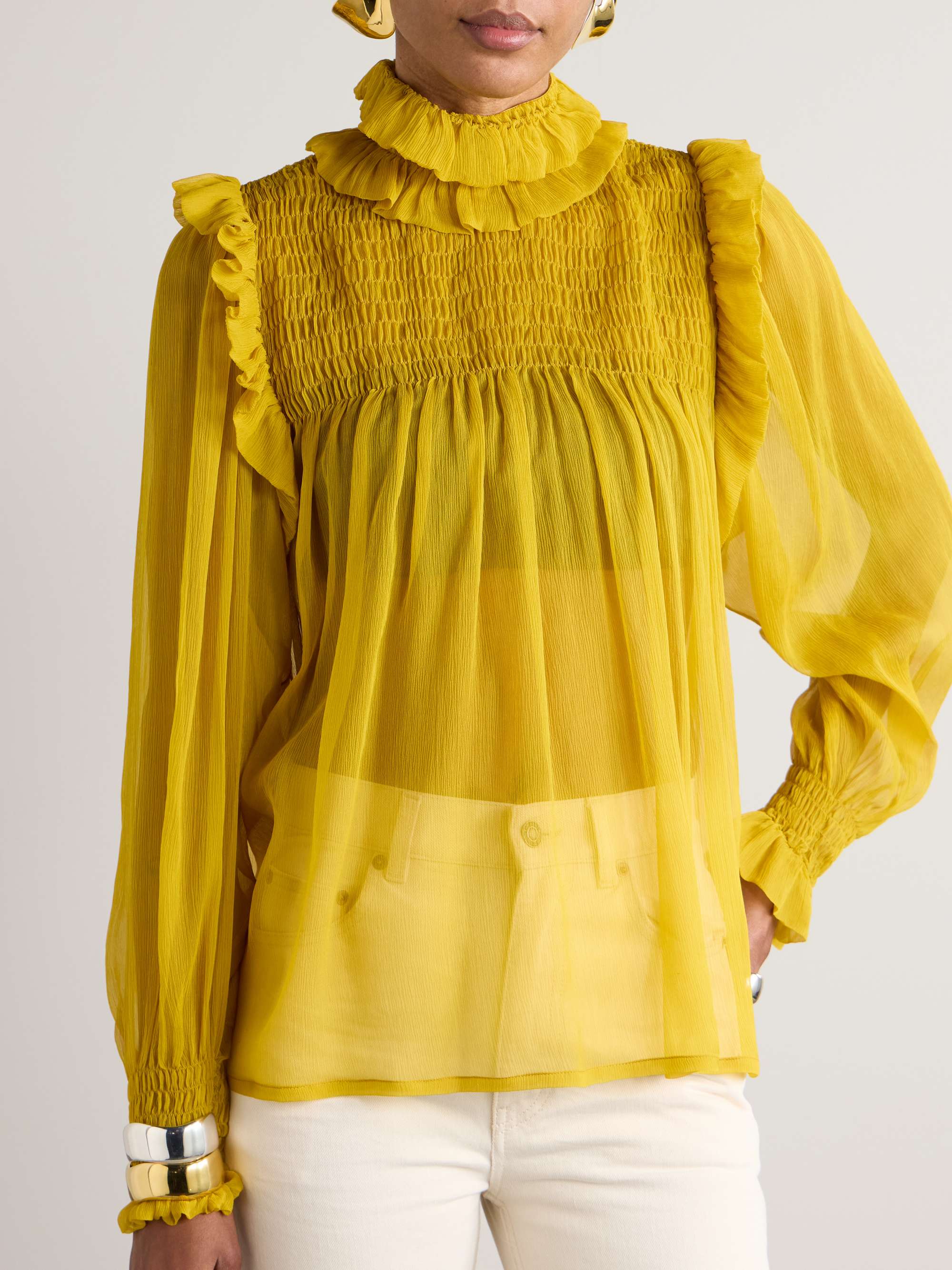 Smocked ruffled silk-crepon blouse view