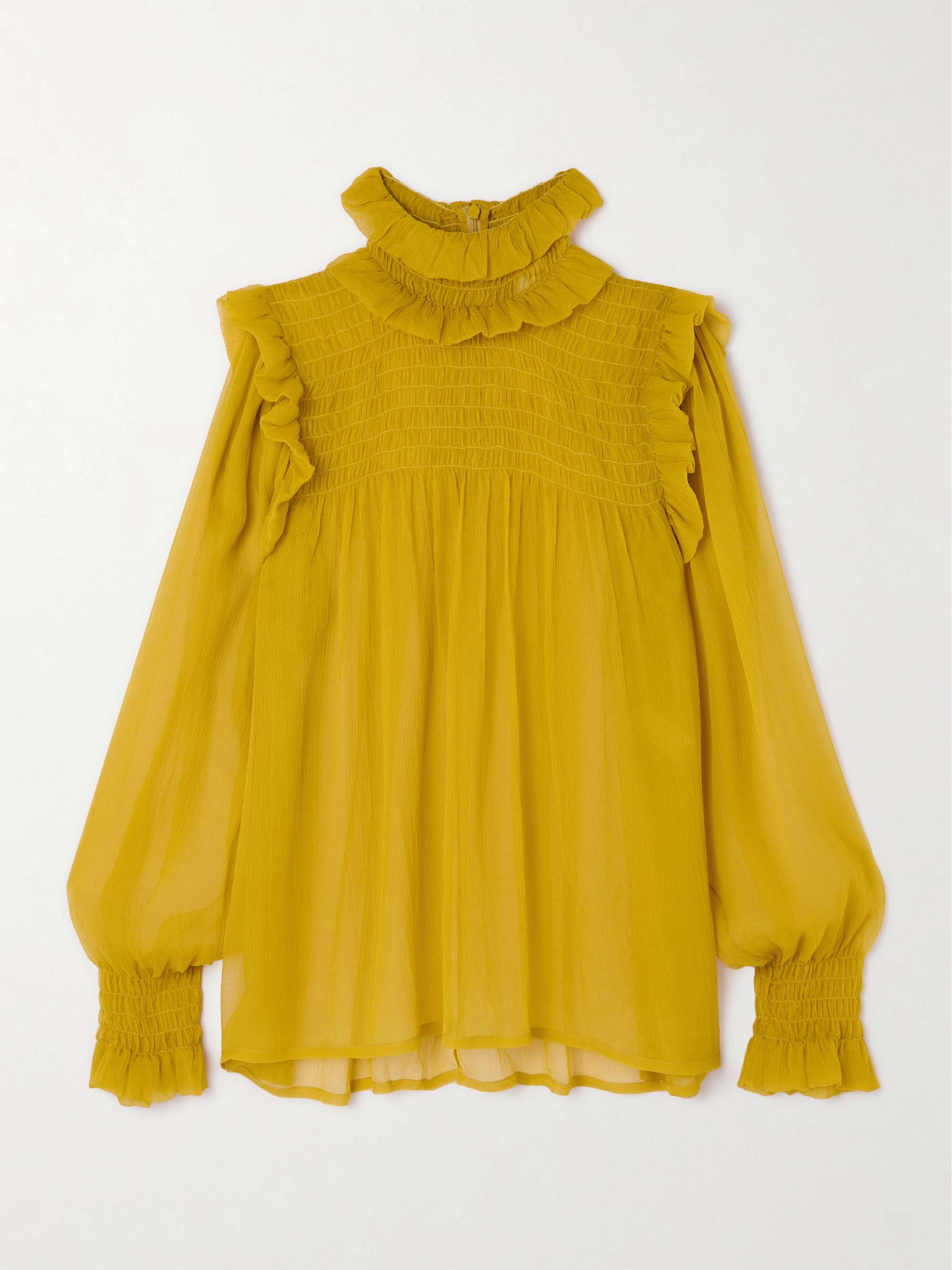 Smocked ruffled silk-crepon blouse view