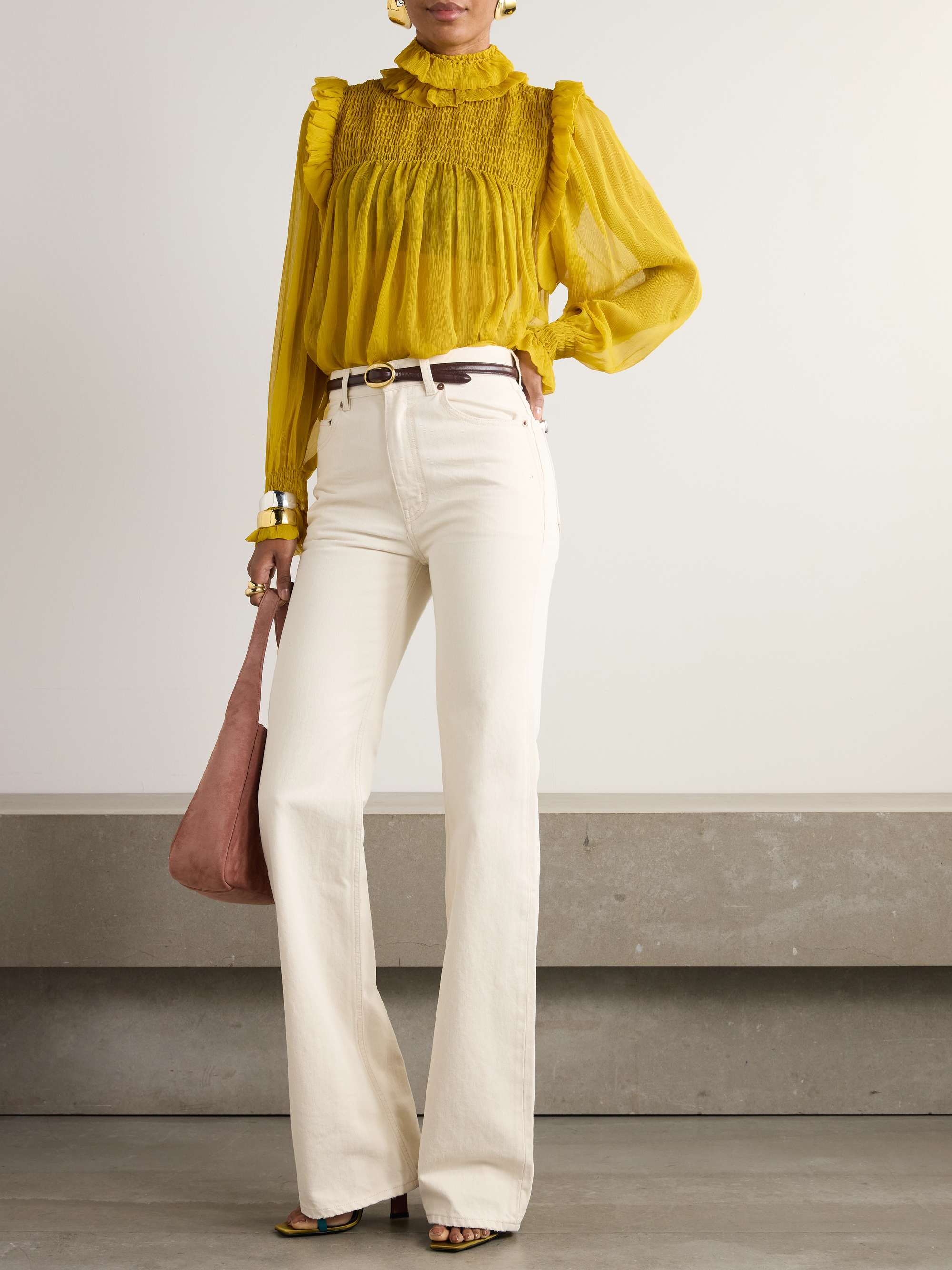 Smocked ruffled silk-crepon blouse view