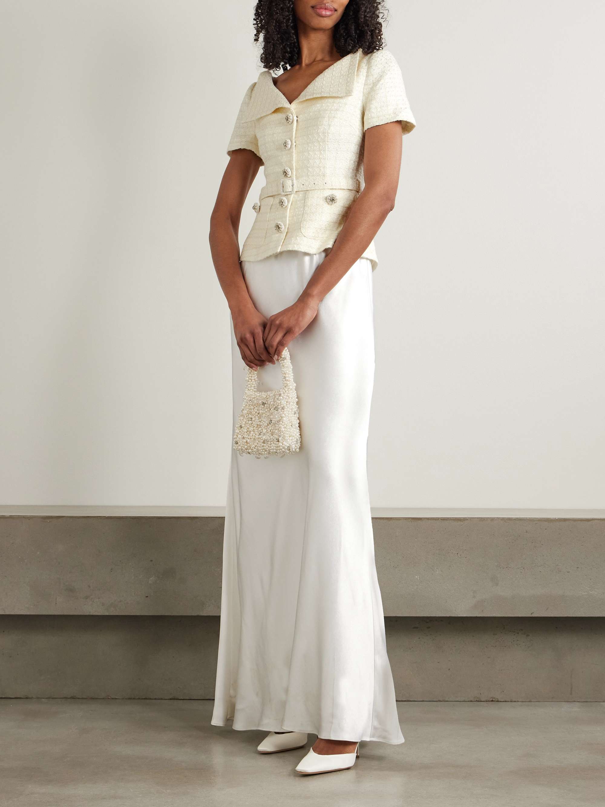 Belted embellished bouclé and satin maxi dress view