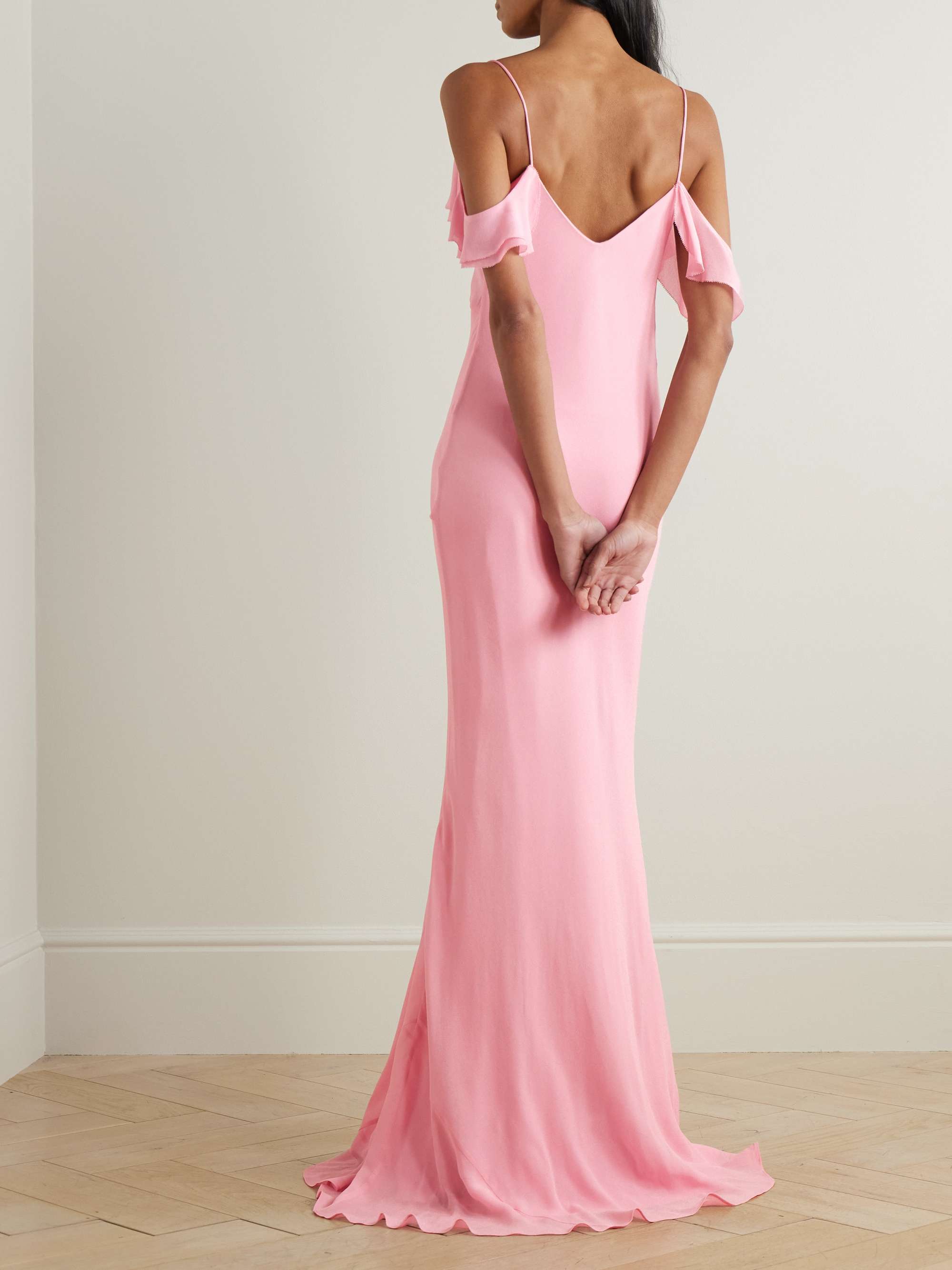 Appliquéd ruffled cold-shoulder georgette maxi dress view