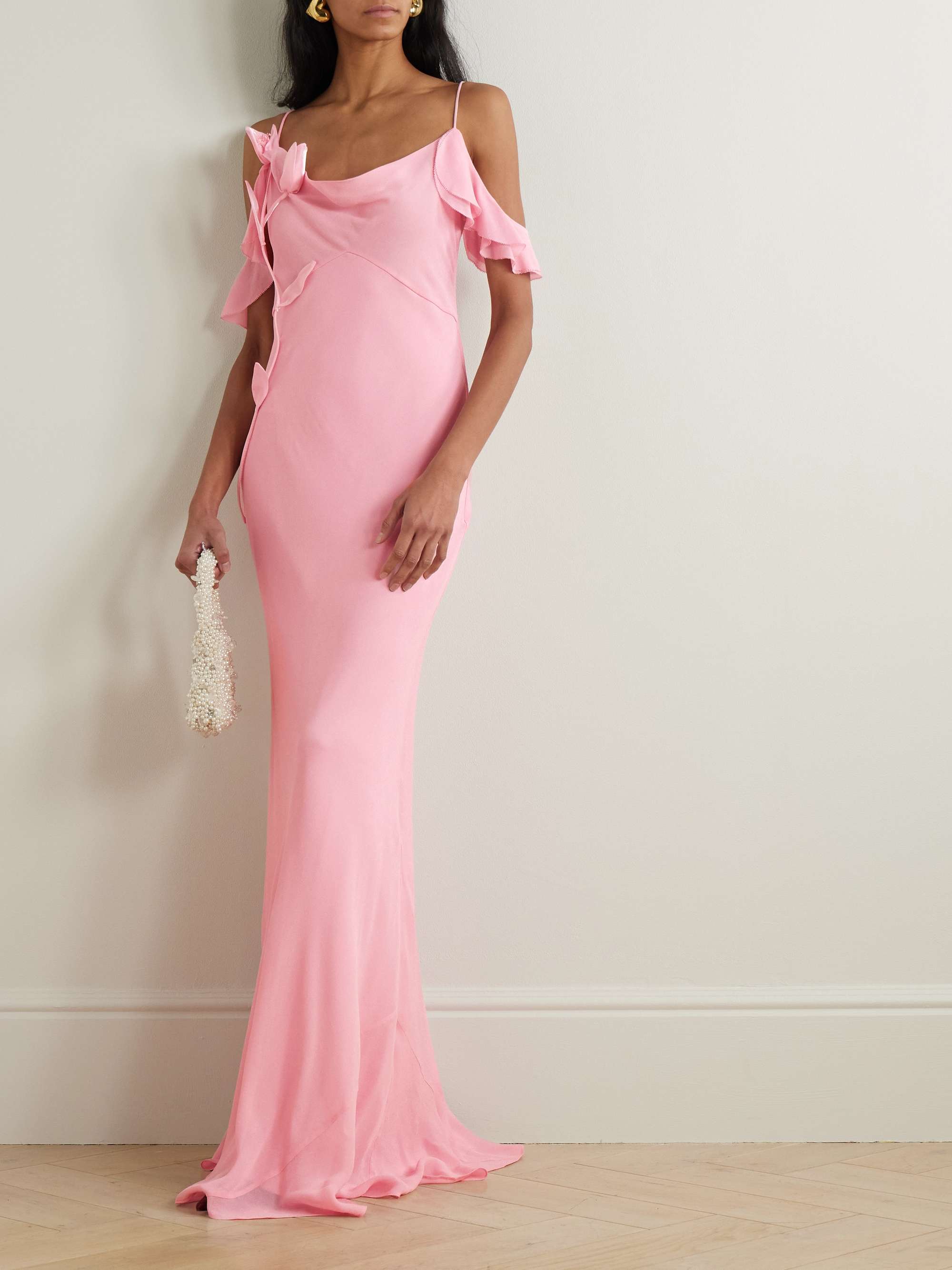 Appliquéd ruffled cold-shoulder georgette maxi dress view