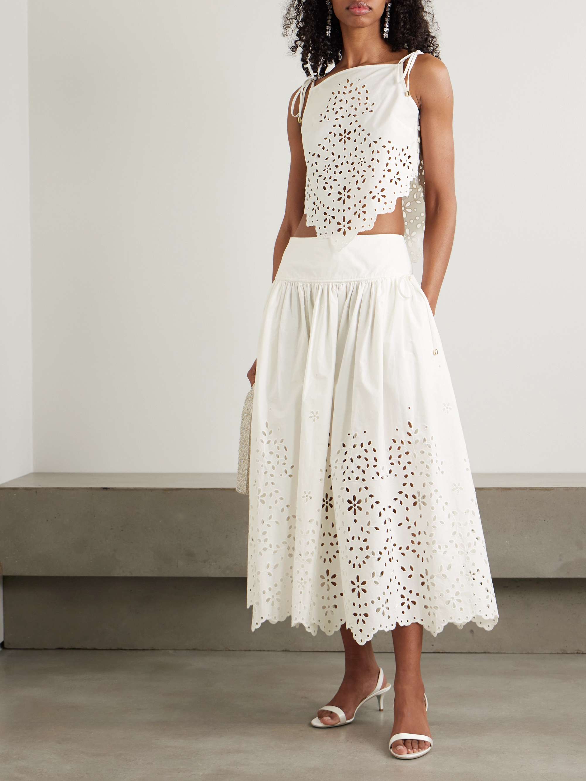 Embellished tie-detailed broderie anglaise cotton midi skirt view