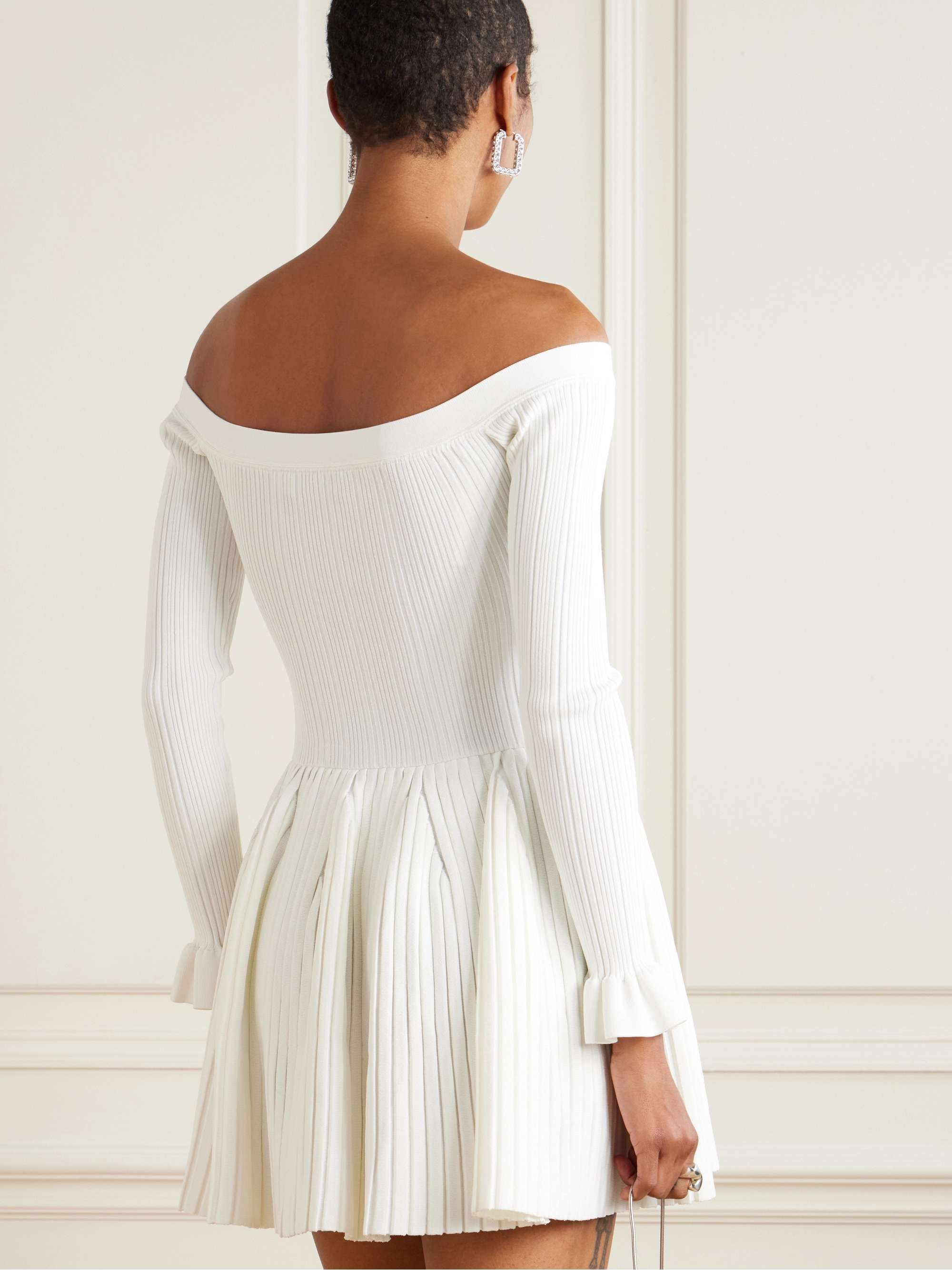 Off-the-shoulder pleated ribbed-knit mini dress view