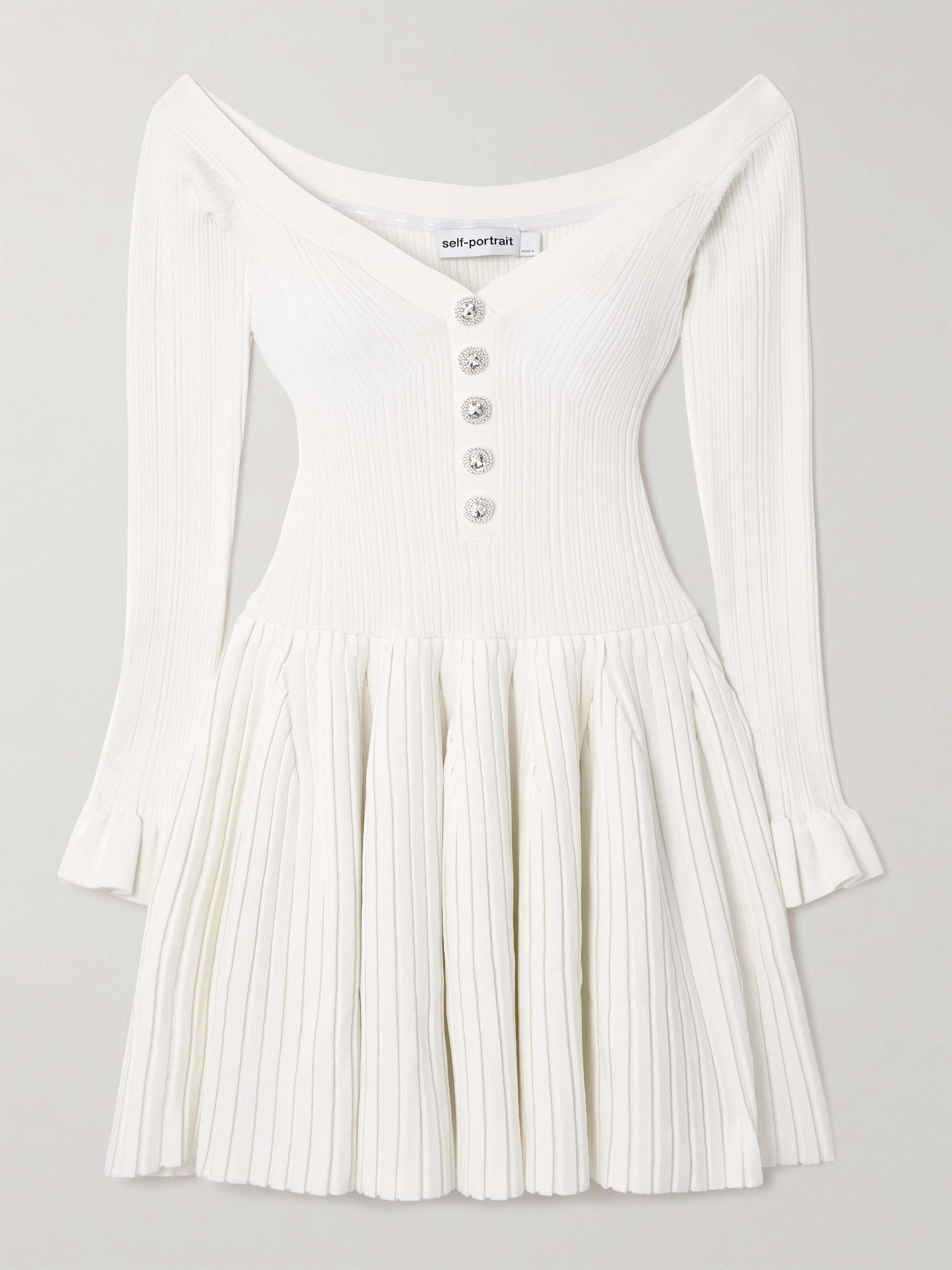 Off-the-shoulder pleated ribbed-knit mini dress view