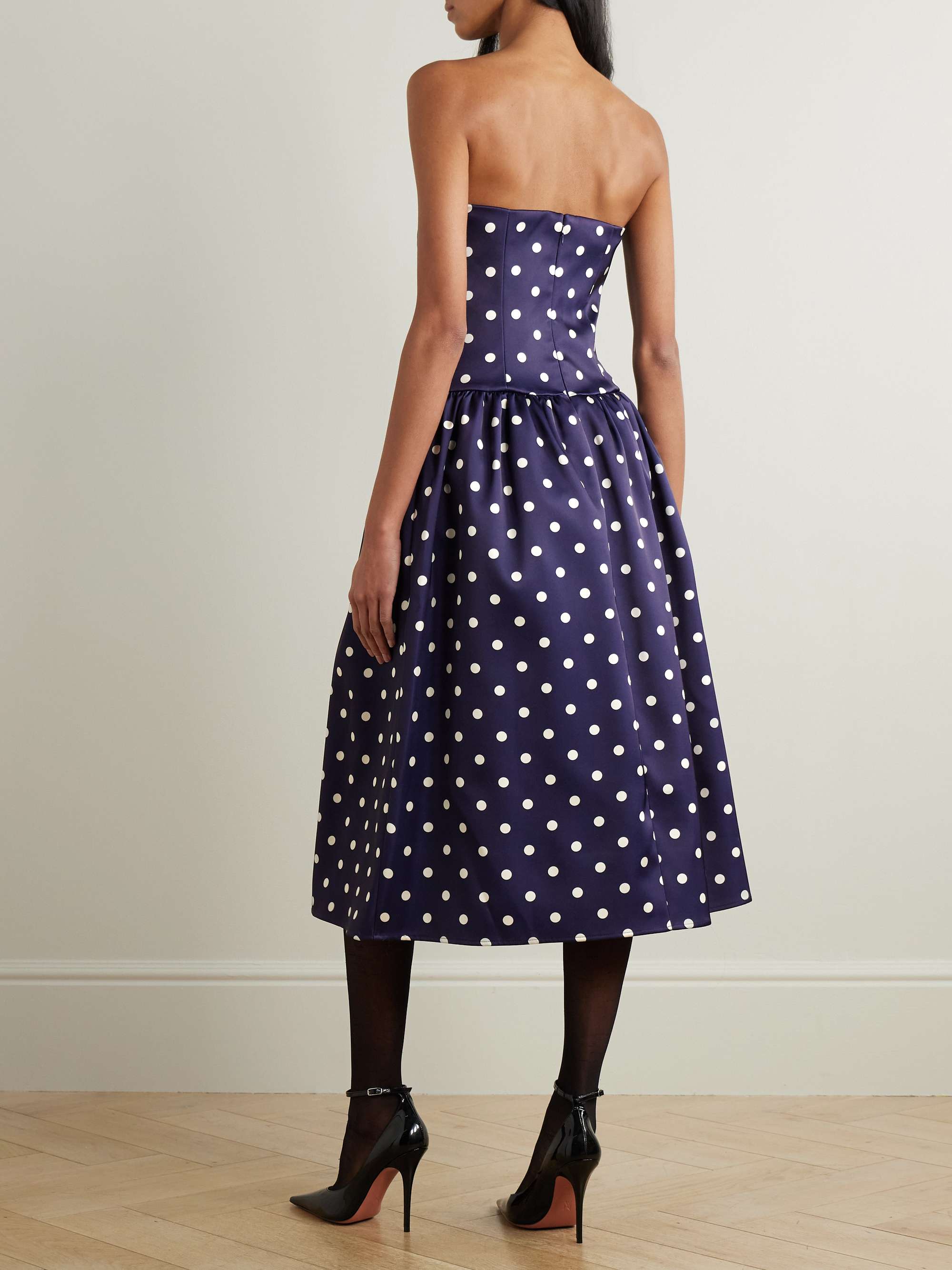 Strapless pleated polka-dot satin midi dress view