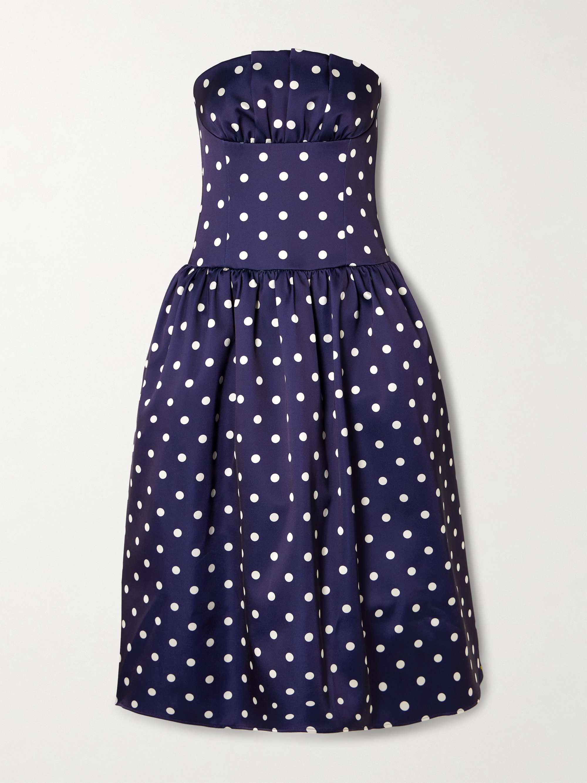 Strapless pleated polka-dot satin midi dress view