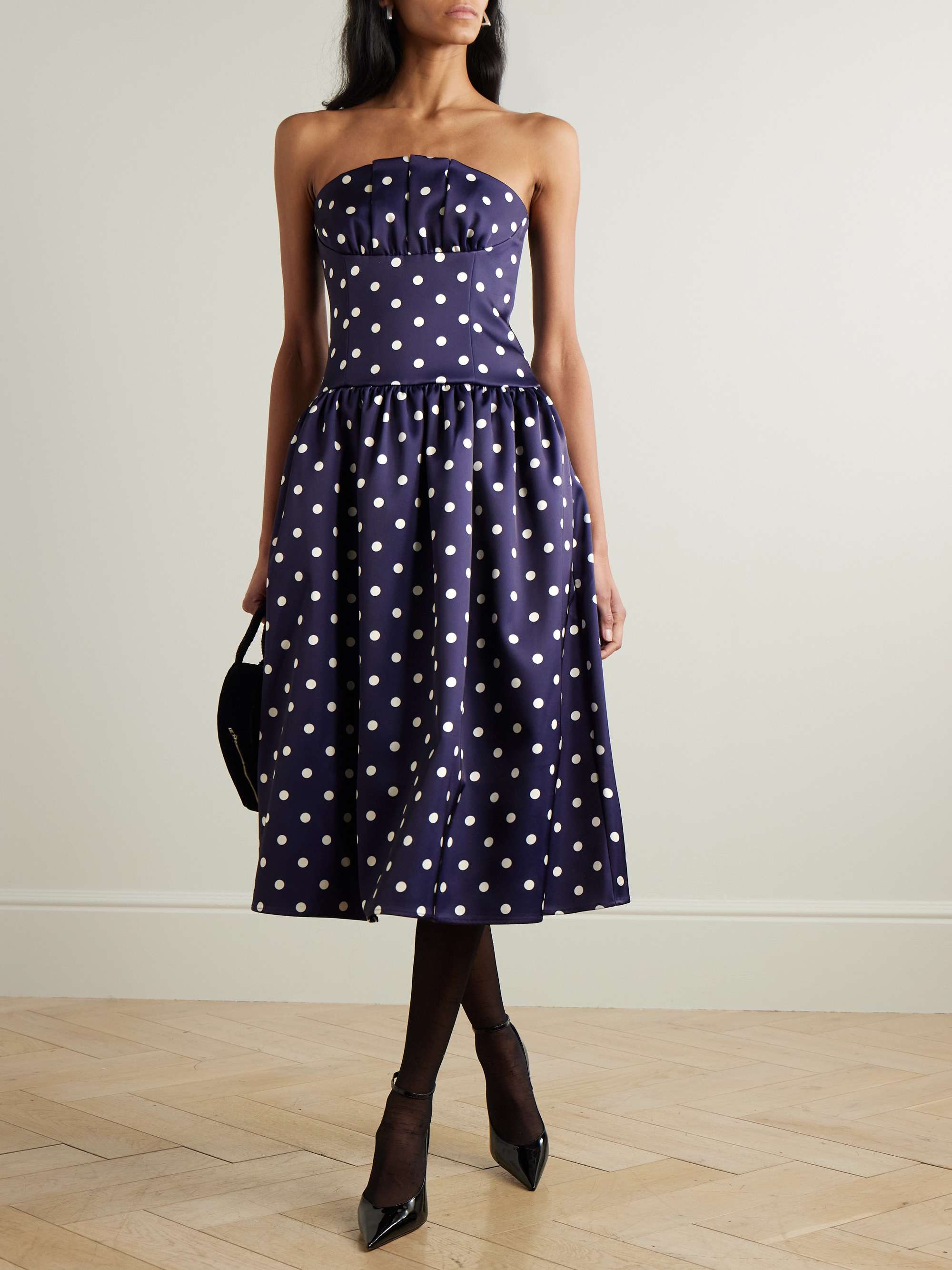 Strapless pleated polka-dot satin midi dress view