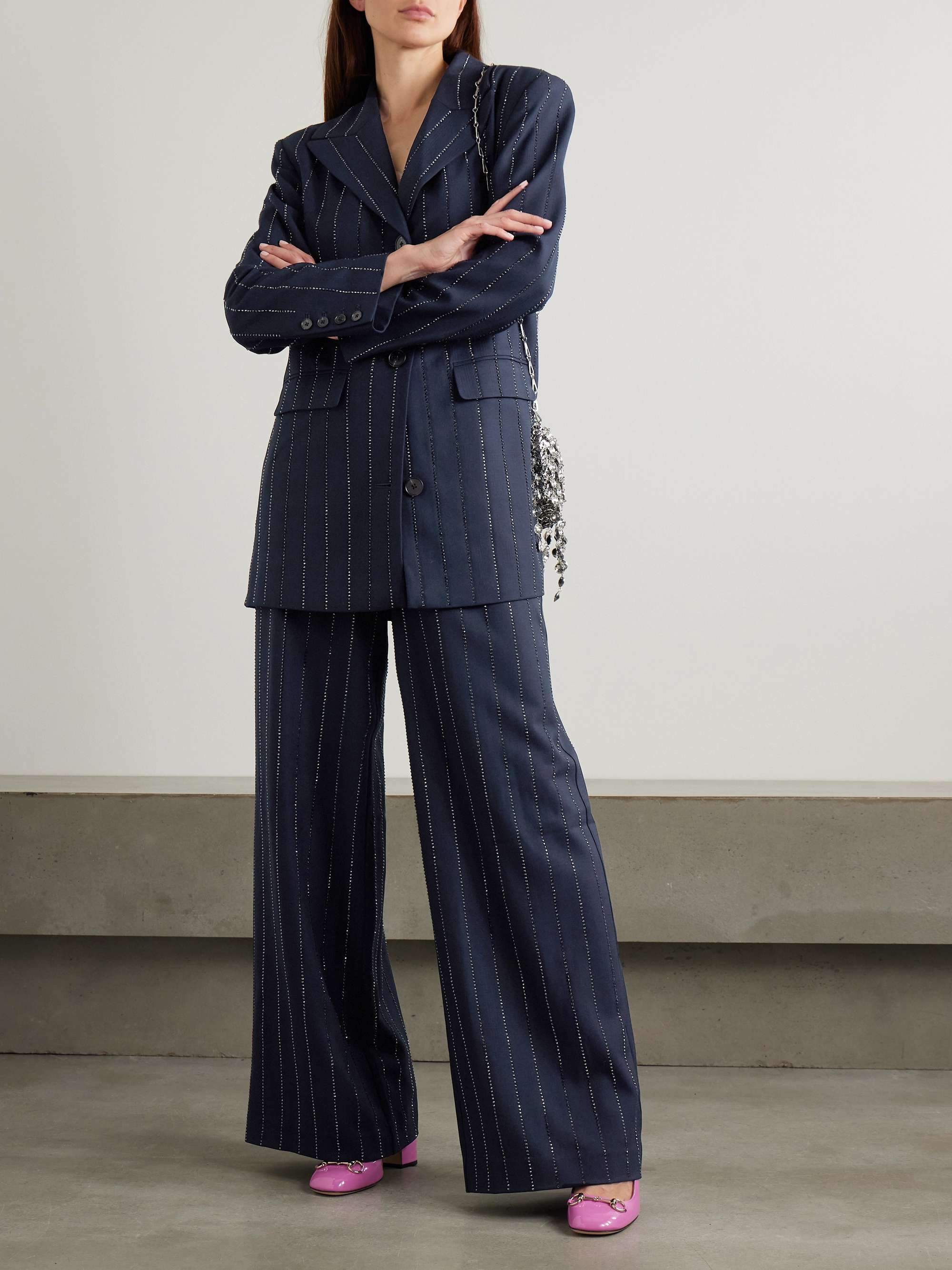 Crystal-embellished pinstriped wide-leg crepe pants view