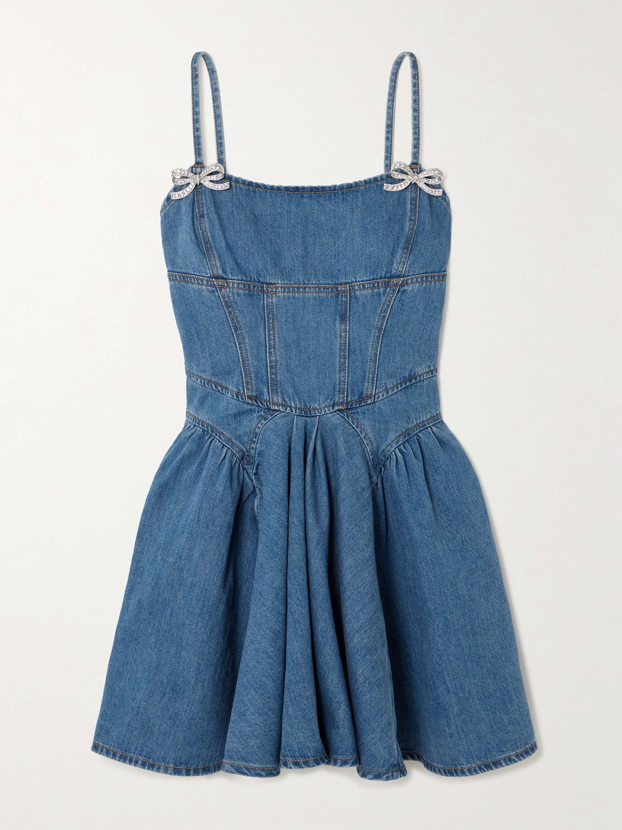 Embellished paneled denim mini dress view