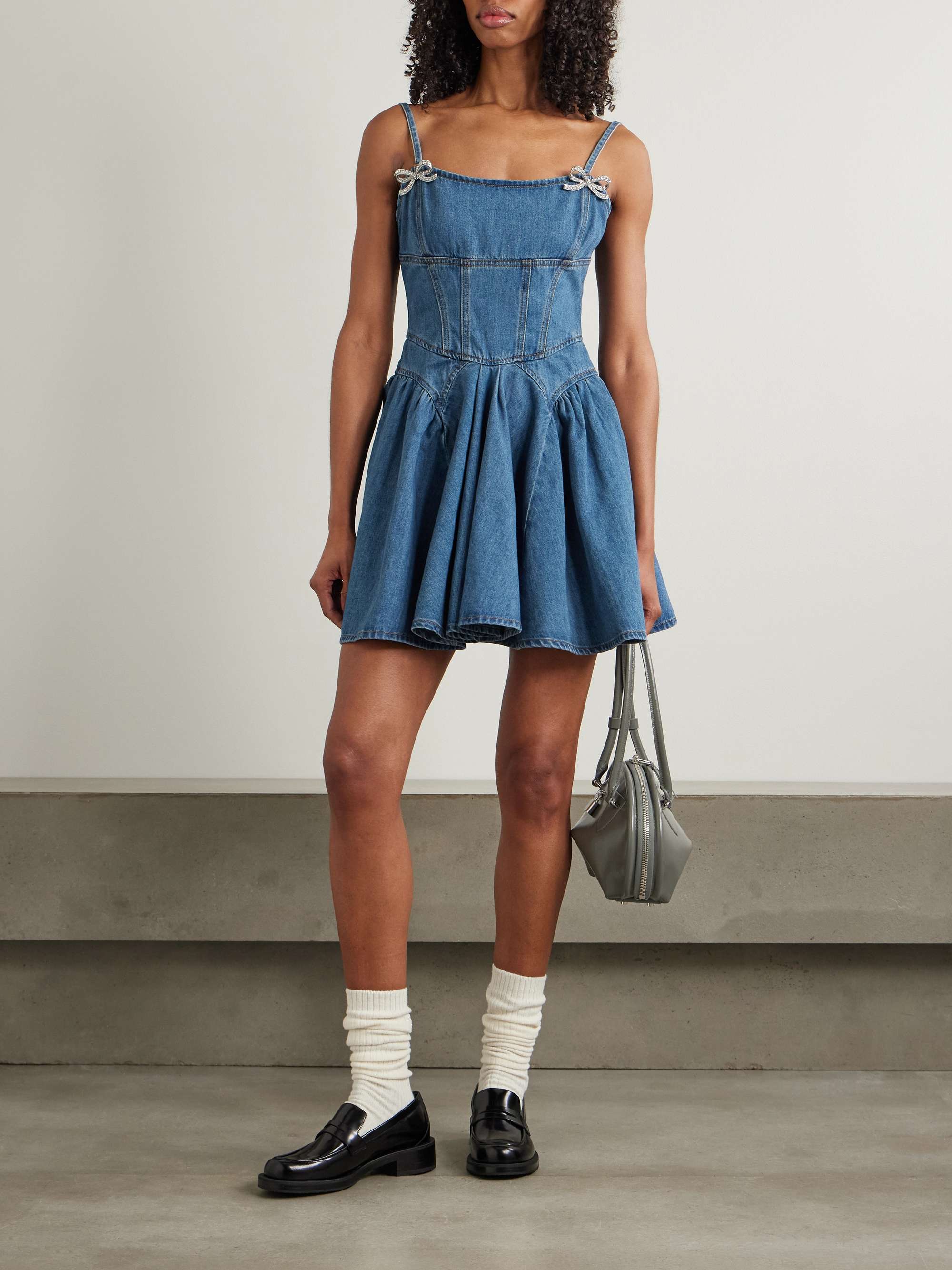 Embellished paneled denim mini dress view