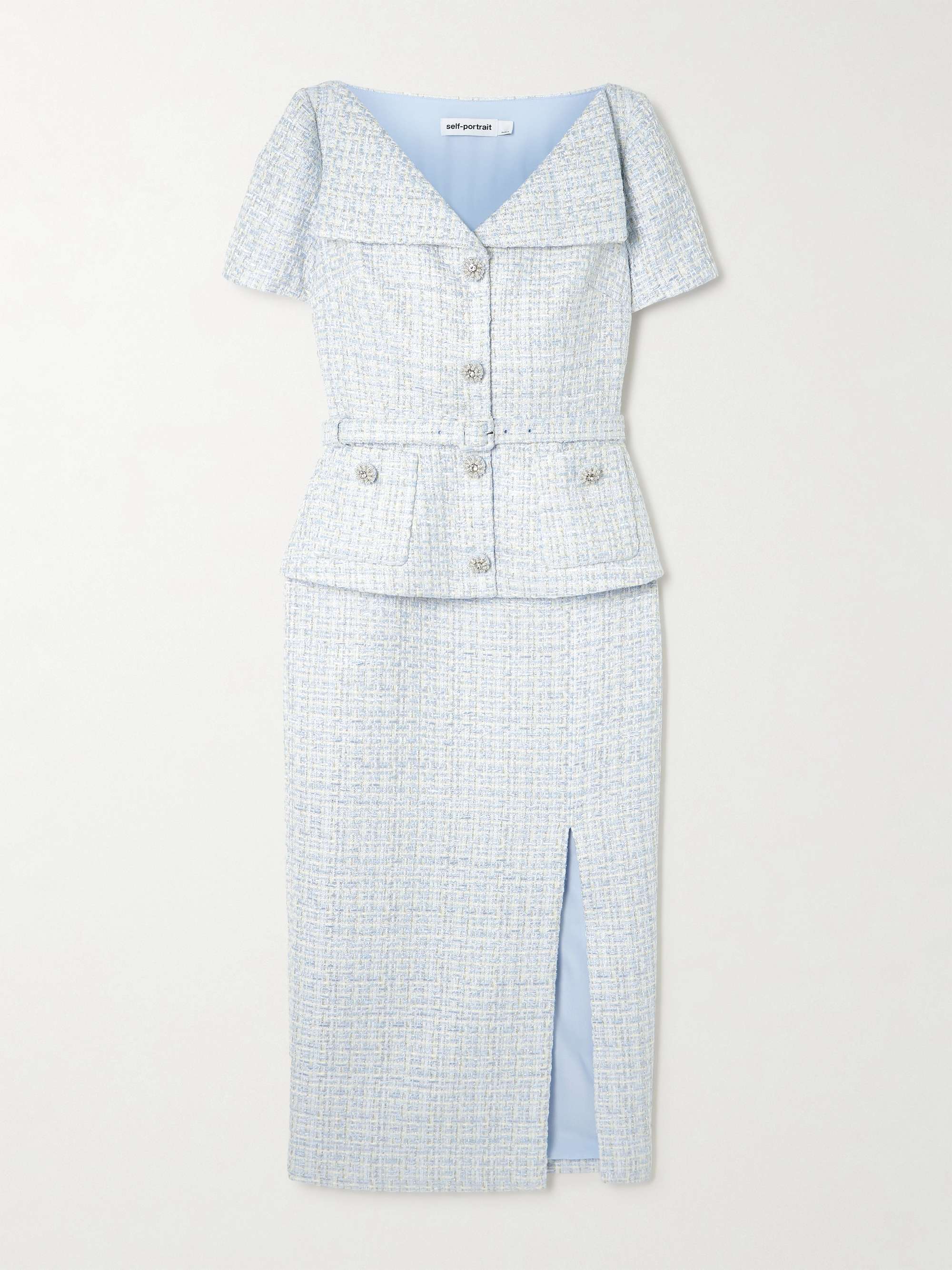 Belted embellished bouclé midi dress view