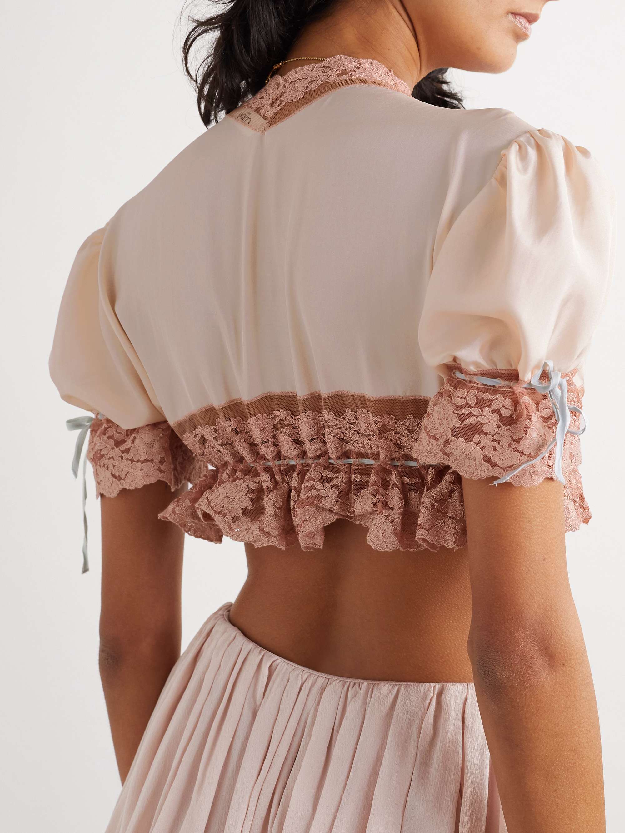 Cropped lace-trimmed silk-satin top view