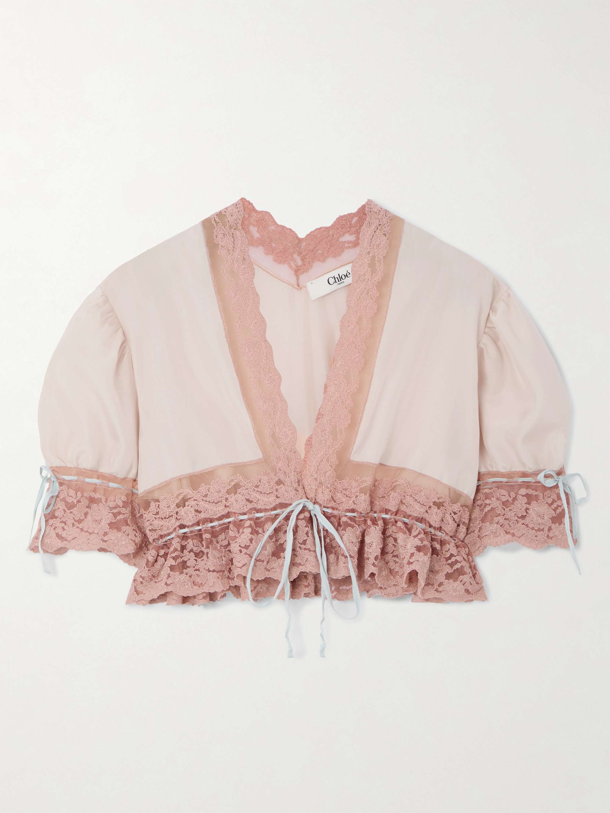 Cropped lace-trimmed silk-satin top view