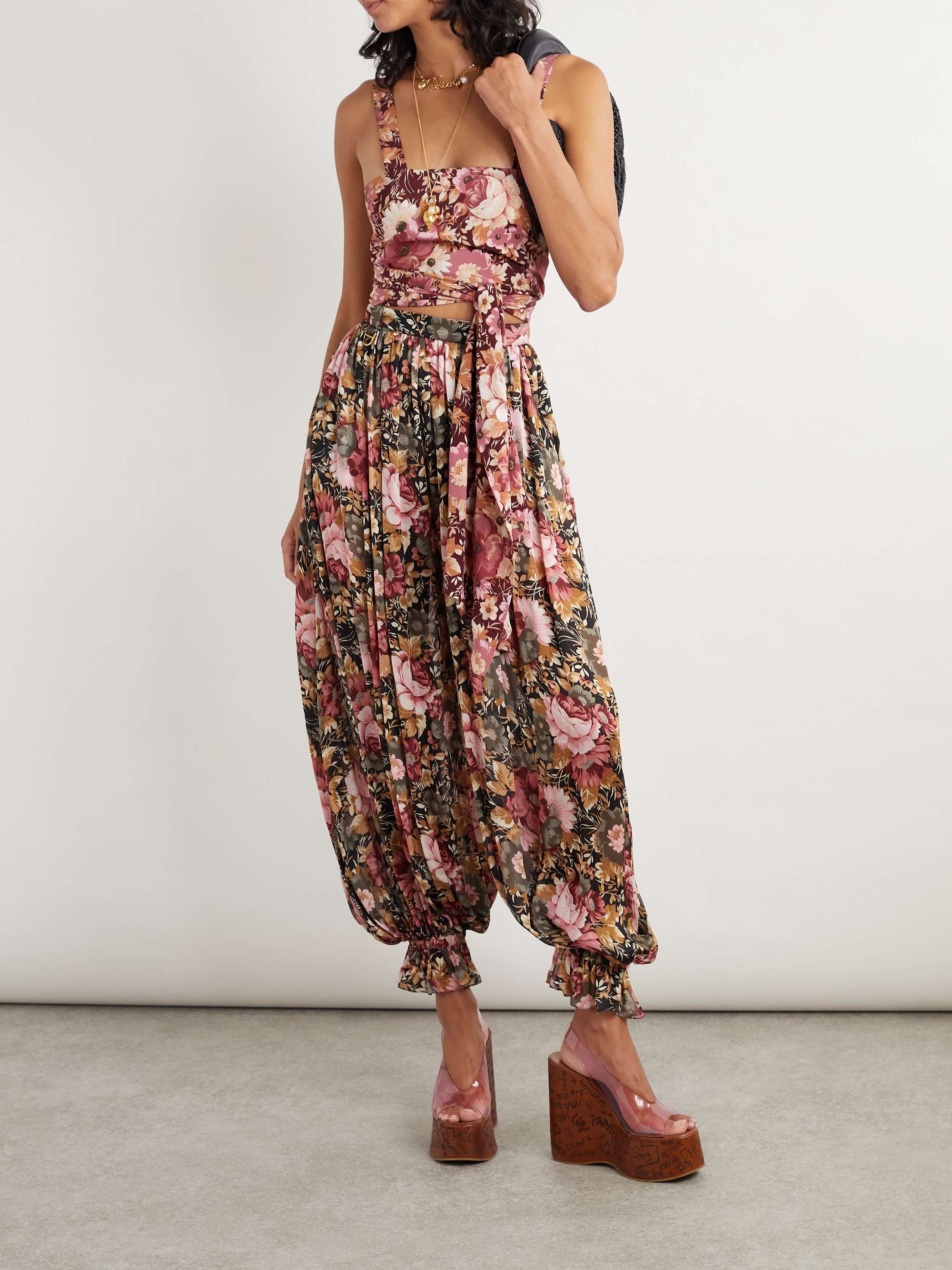 Cropped floral-print silk-crepe top view