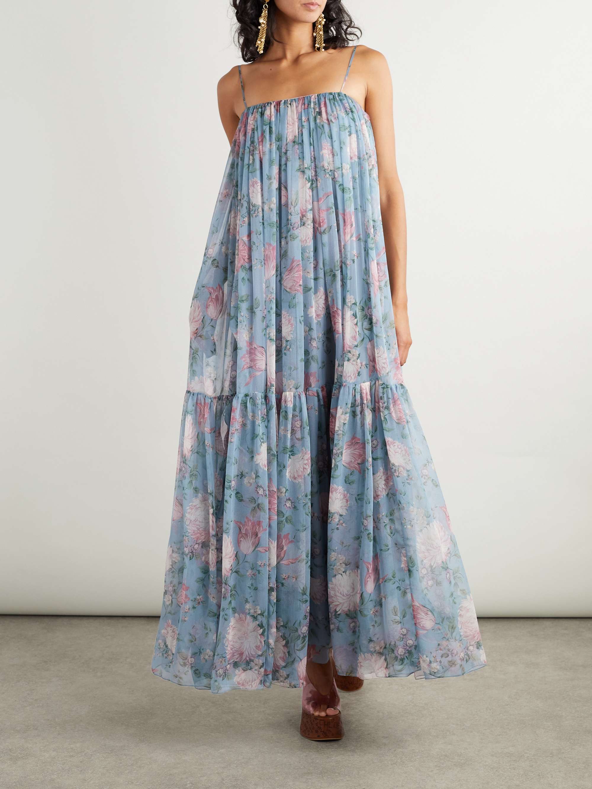 Gathered floral-print silk maxi dress view