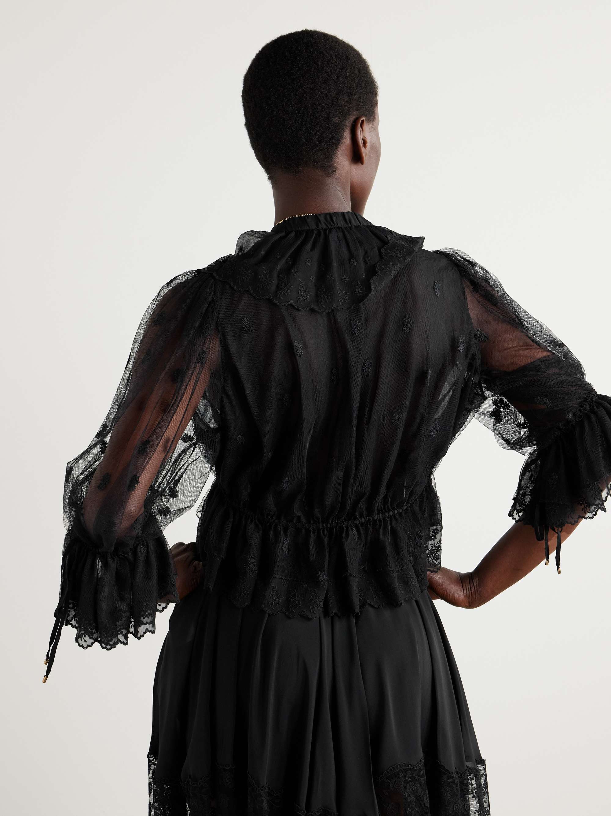 Cropped ruffled embroidered mesh blouse view
