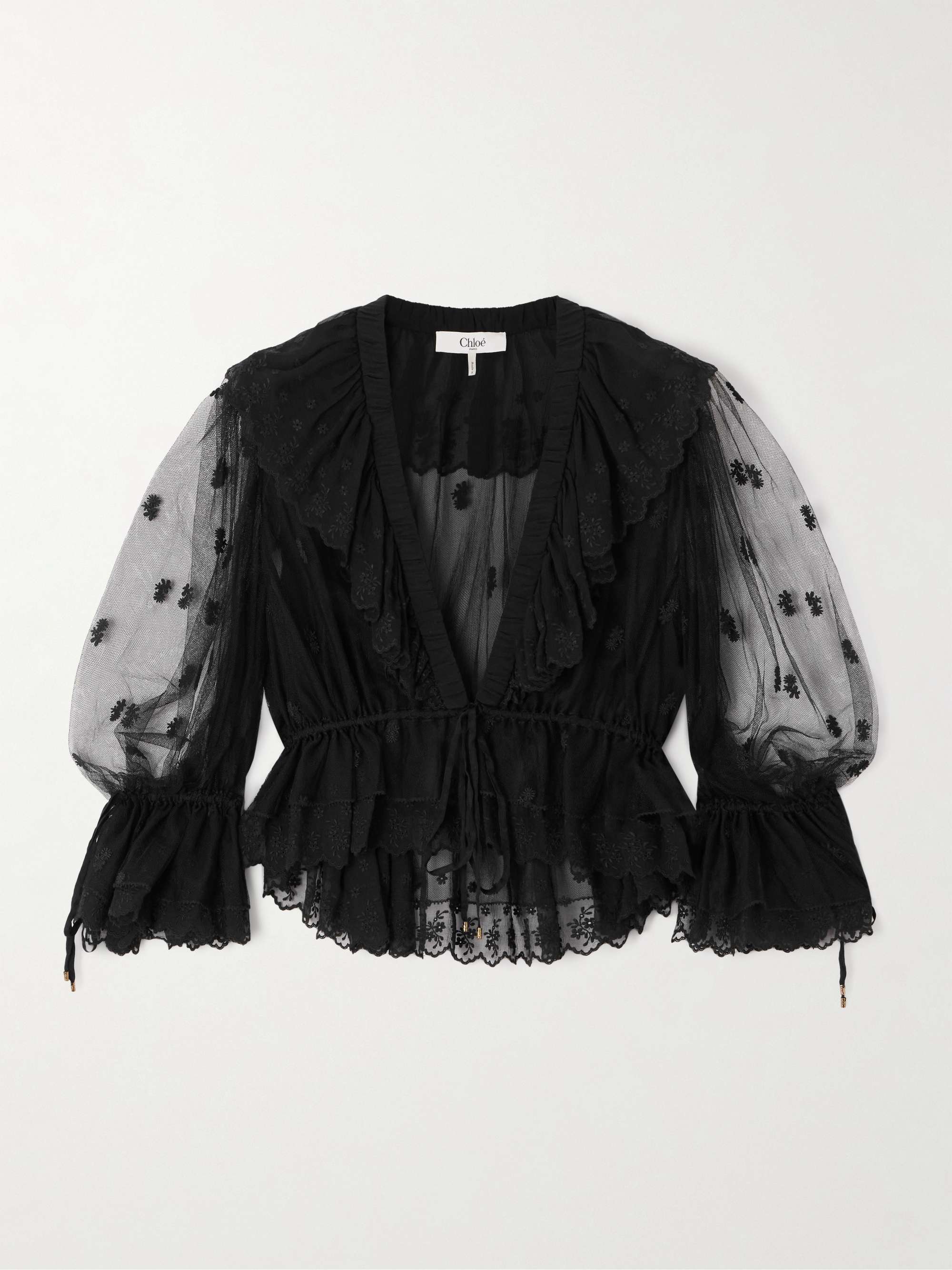 Cropped ruffled embroidered mesh blouse view