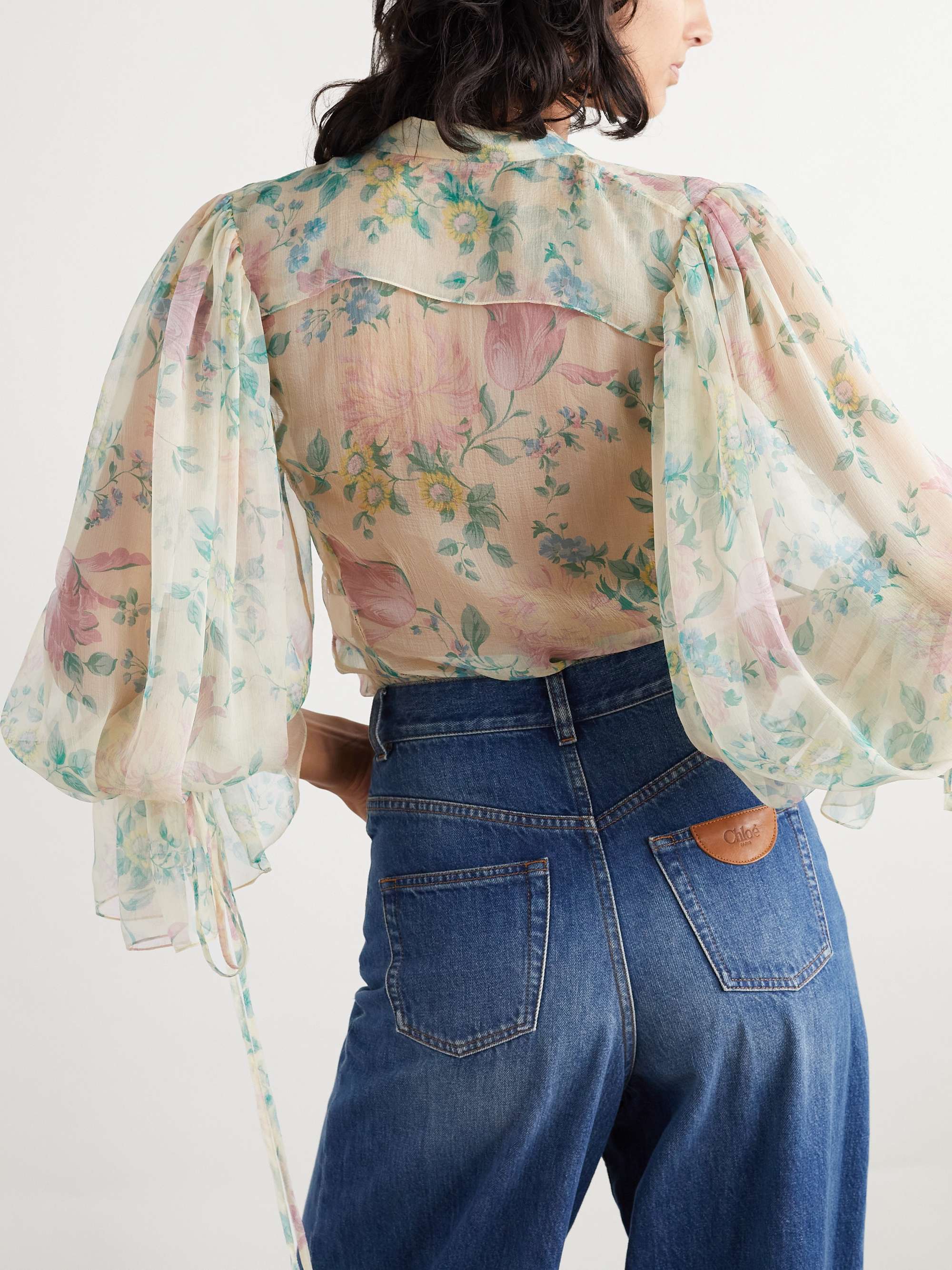Ruffled floral-print silk-chiffon shirt view