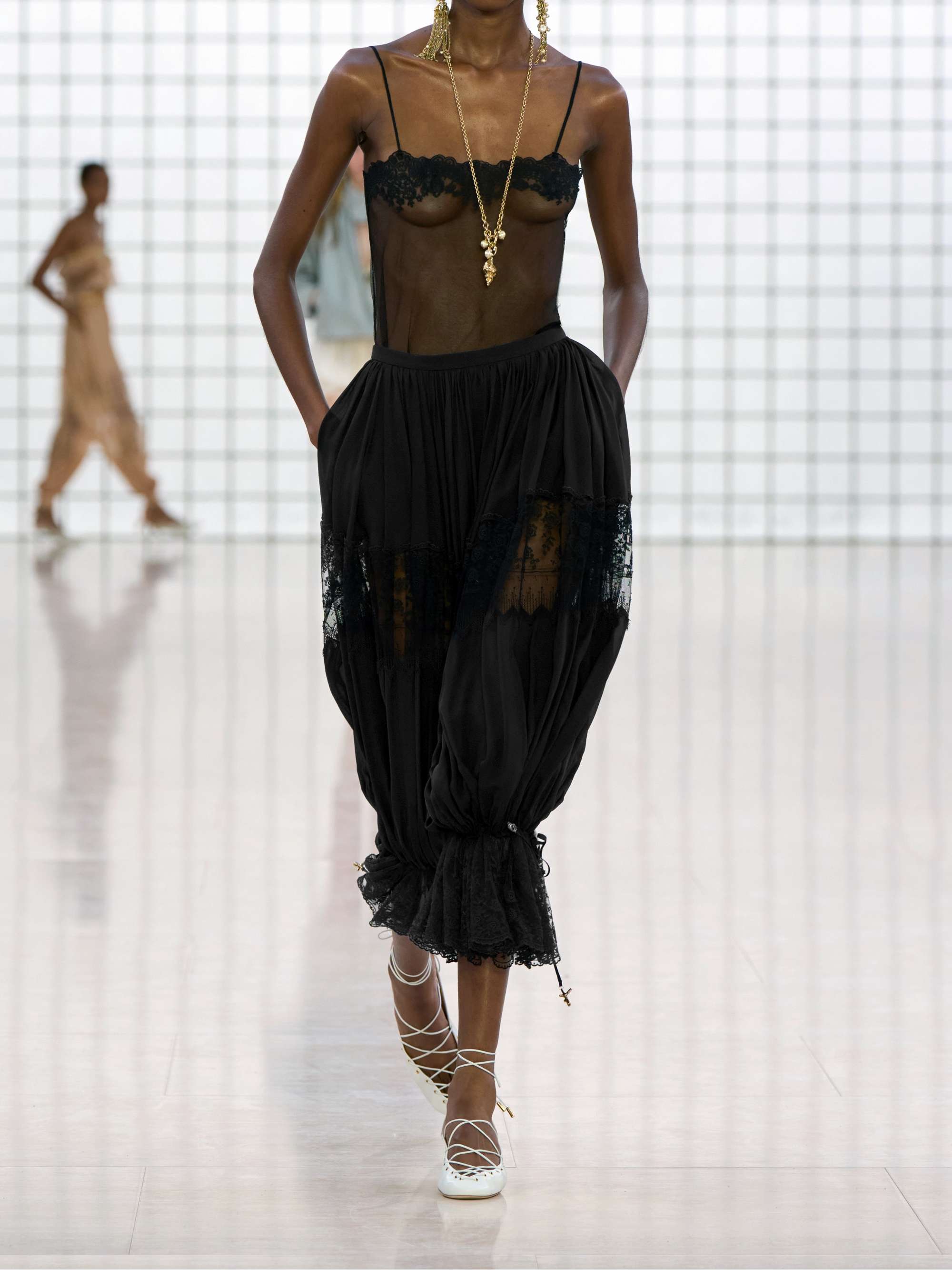Lace-trimmed silk pants view