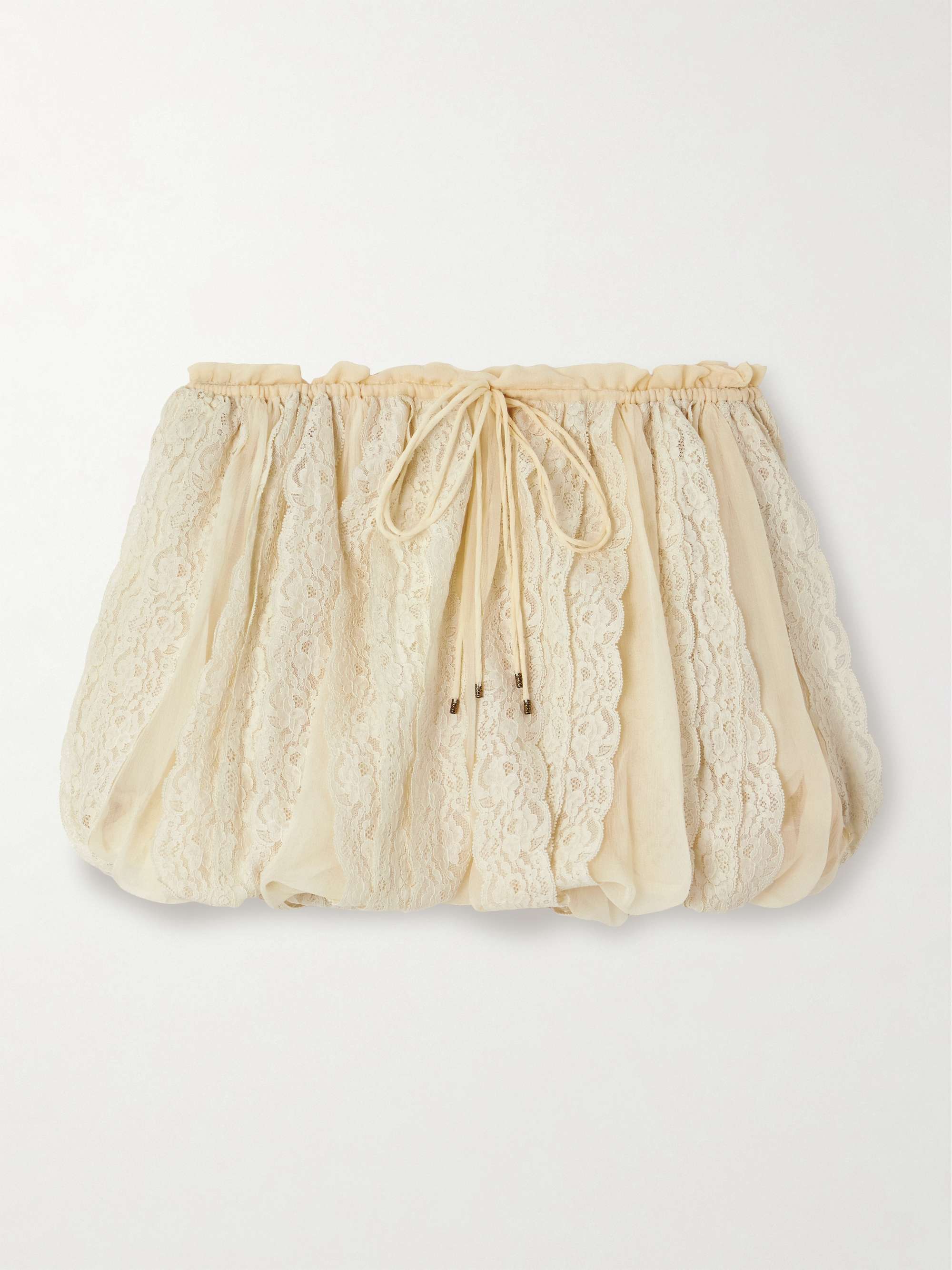 Gathered silk-crepon and cotton-blend lace shorts view