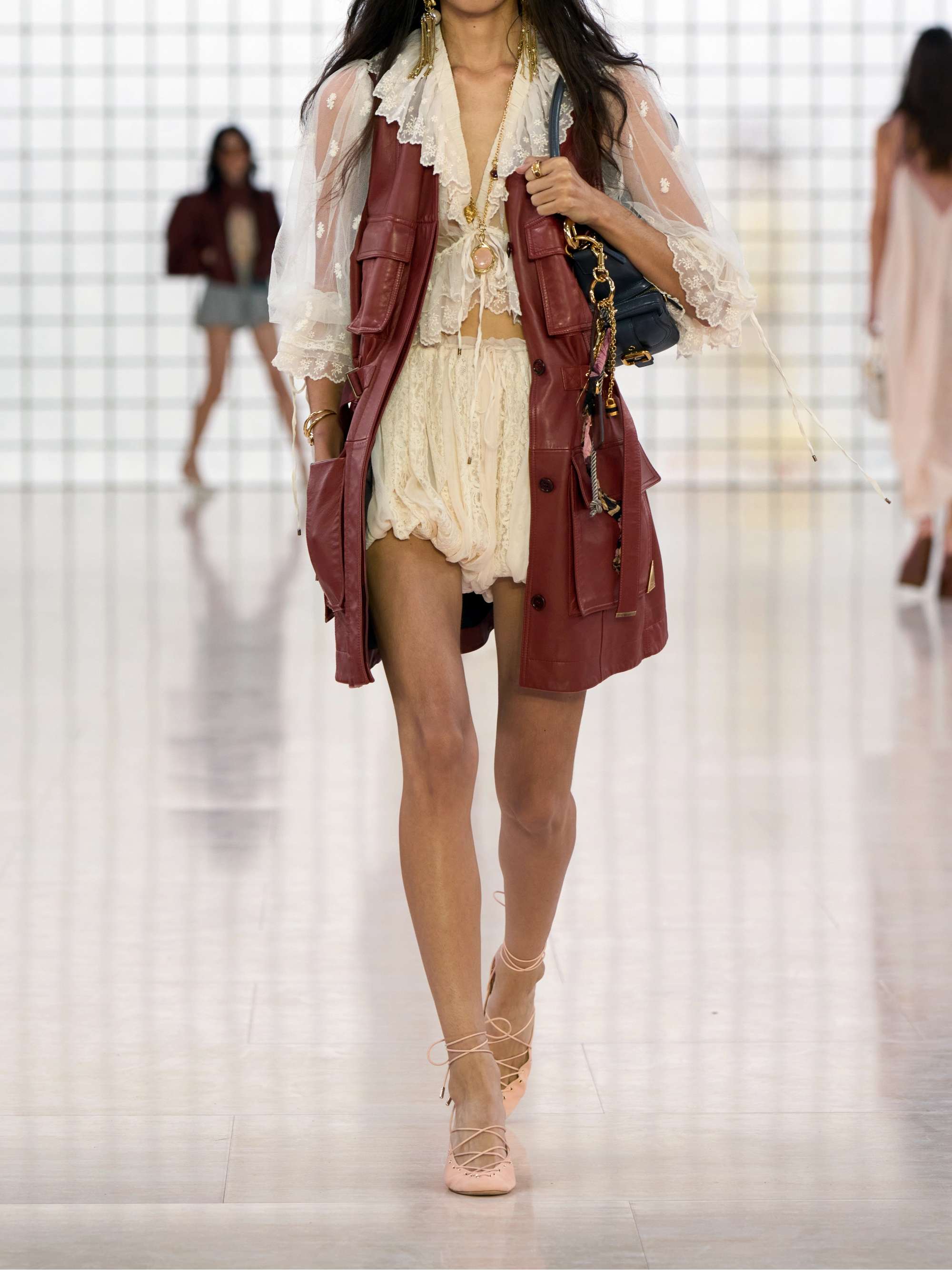 Gathered silk-crepon and cotton-blend lace shorts view