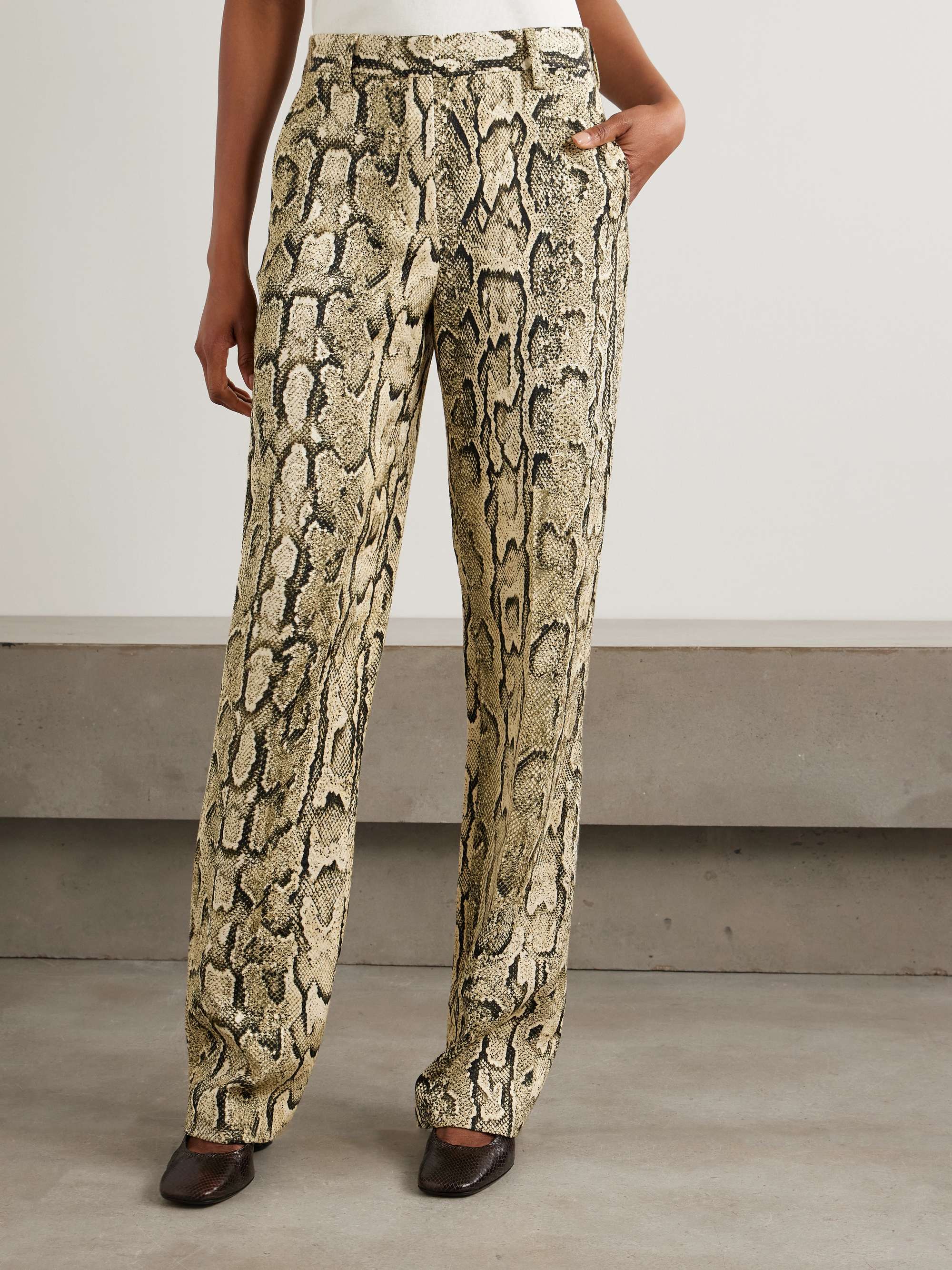 Pleated snake-print jersey straight-leg pants view
