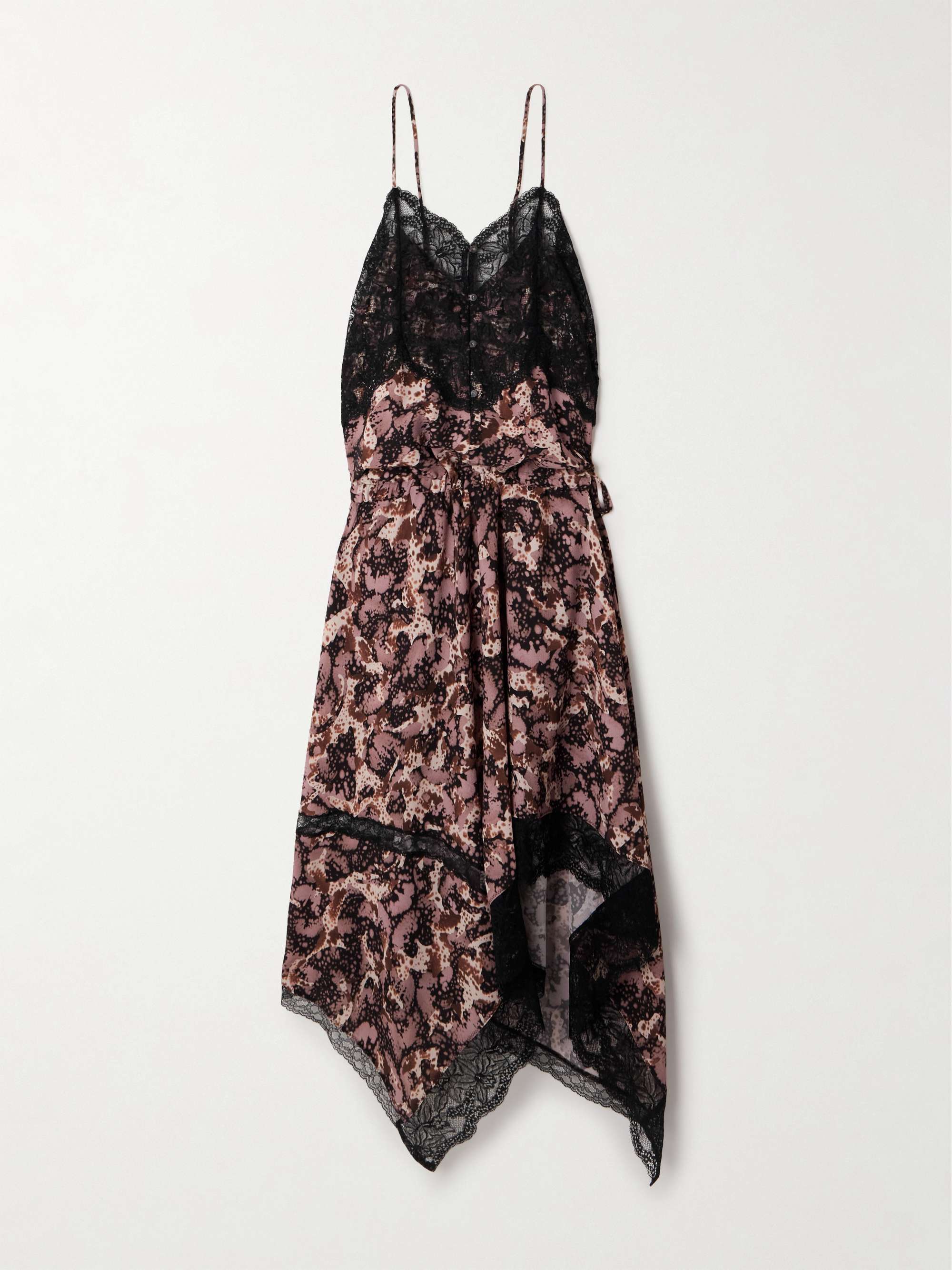 Asymmetric lace-trimmed printed chiffon midi dress view