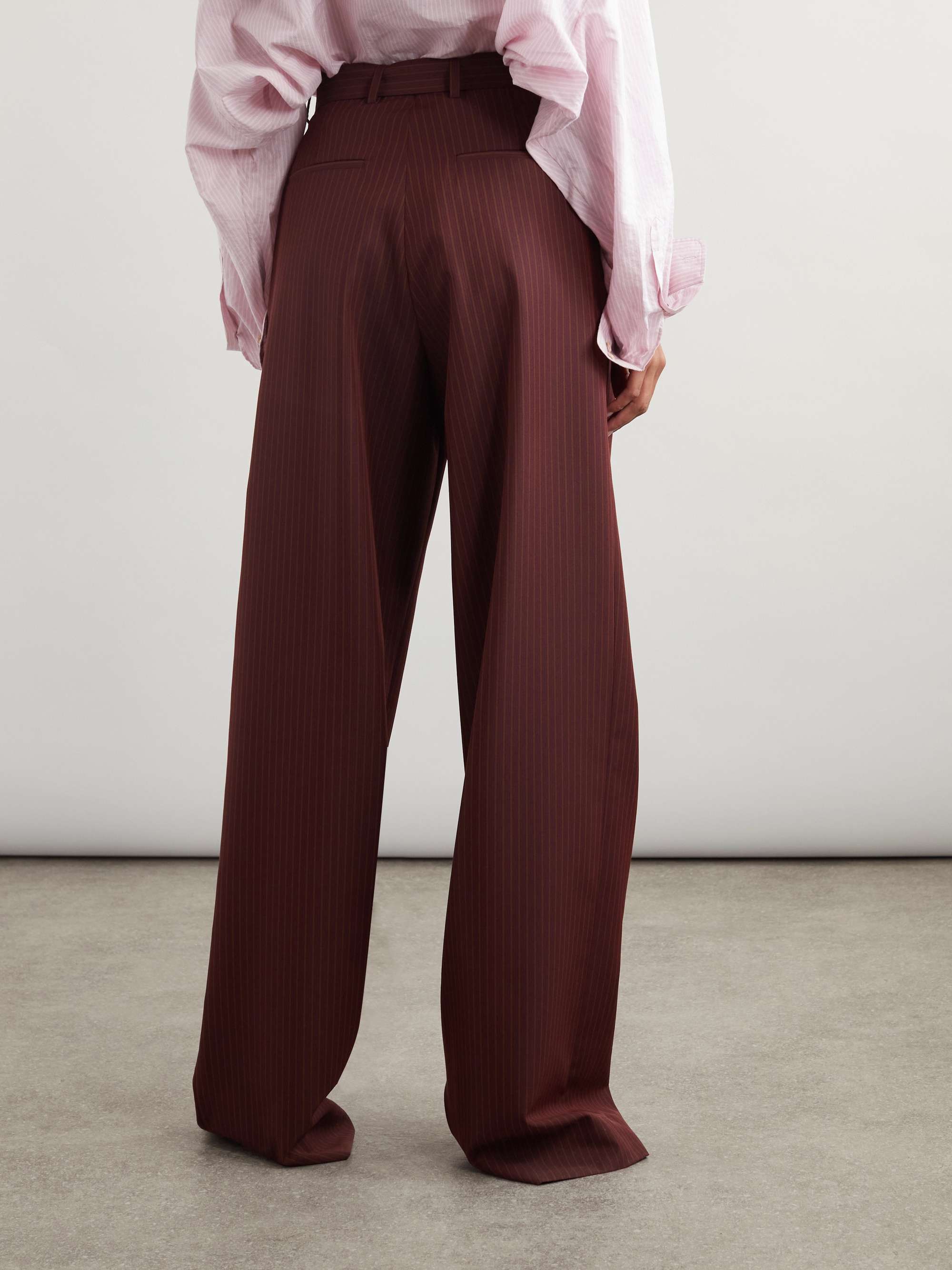 Belted pinstriped wool-blend wide-leg pants view