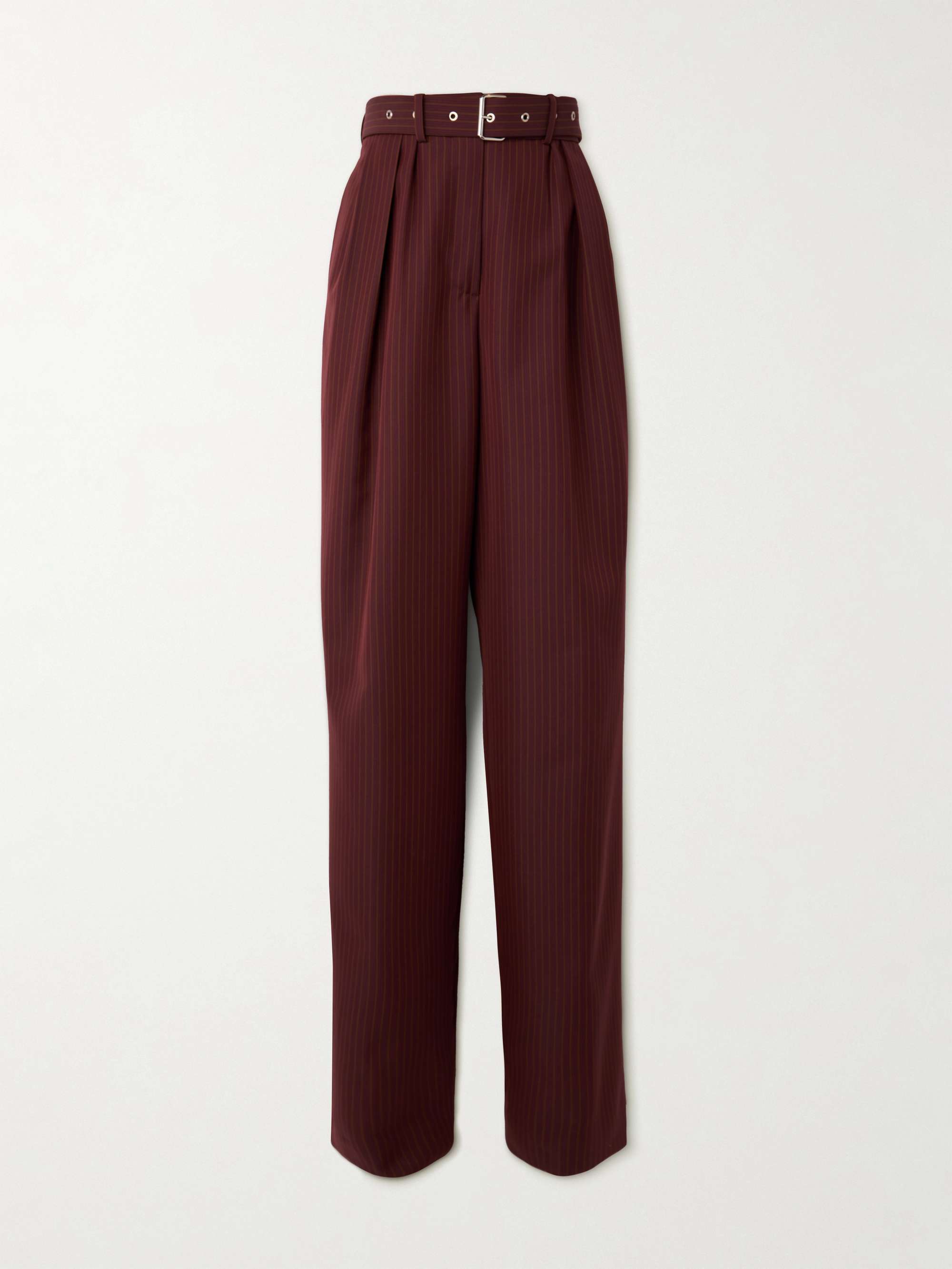 Belted pinstriped wool-blend wide-leg pants view