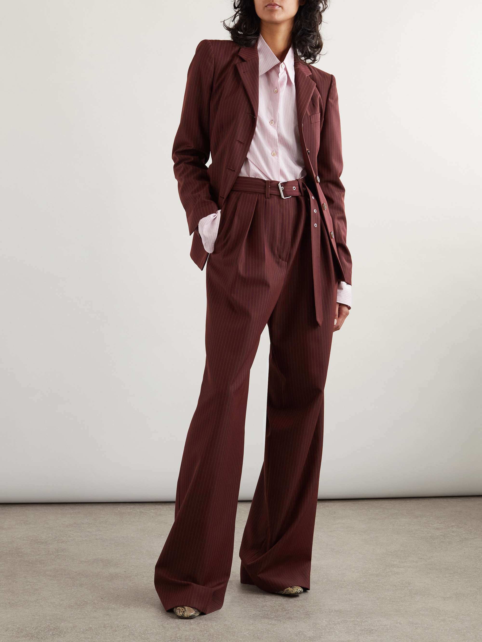 Belted pinstriped wool-blend wide-leg pants view