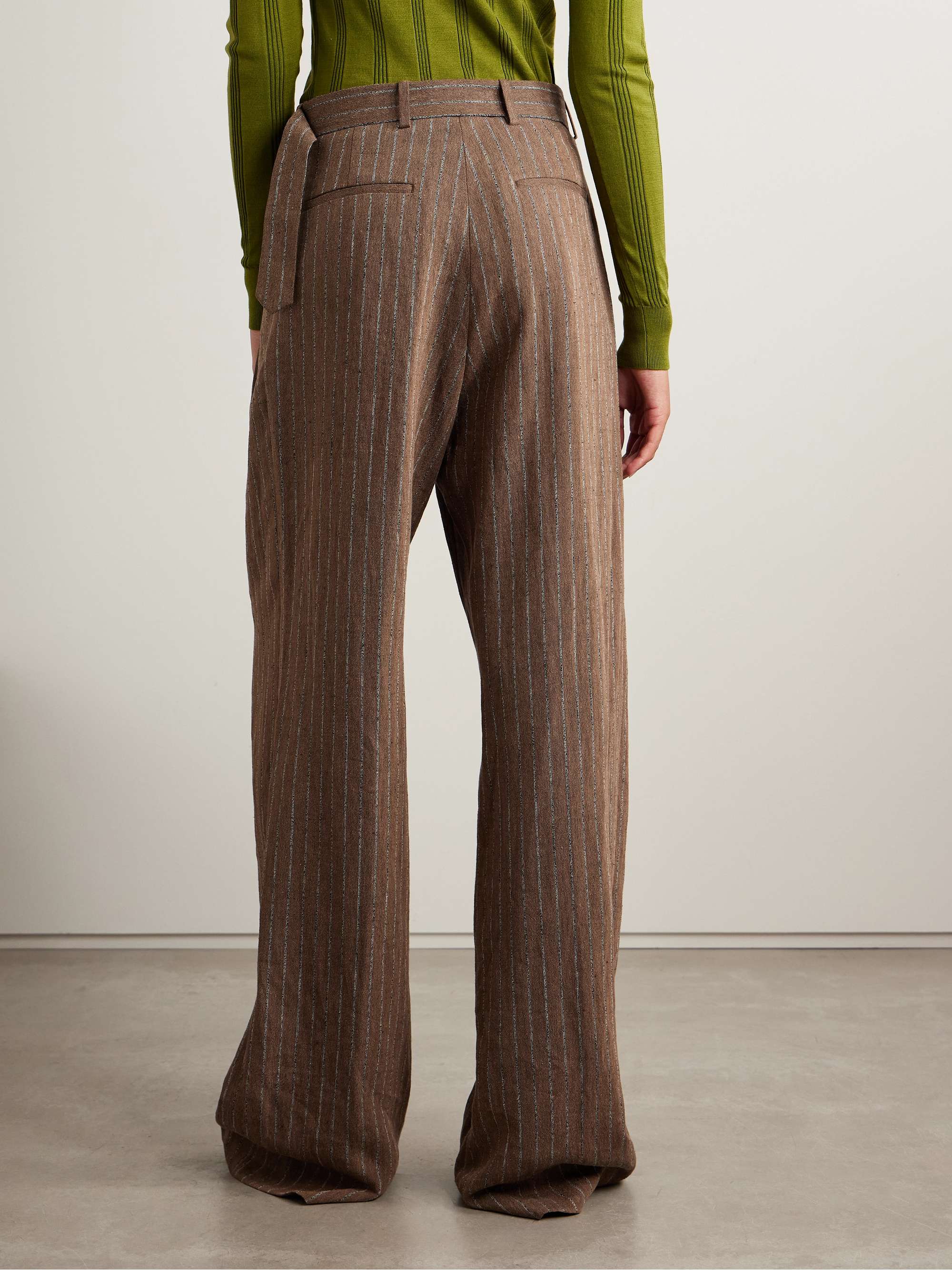 Pleated striped linen-blend wide-leg pants view