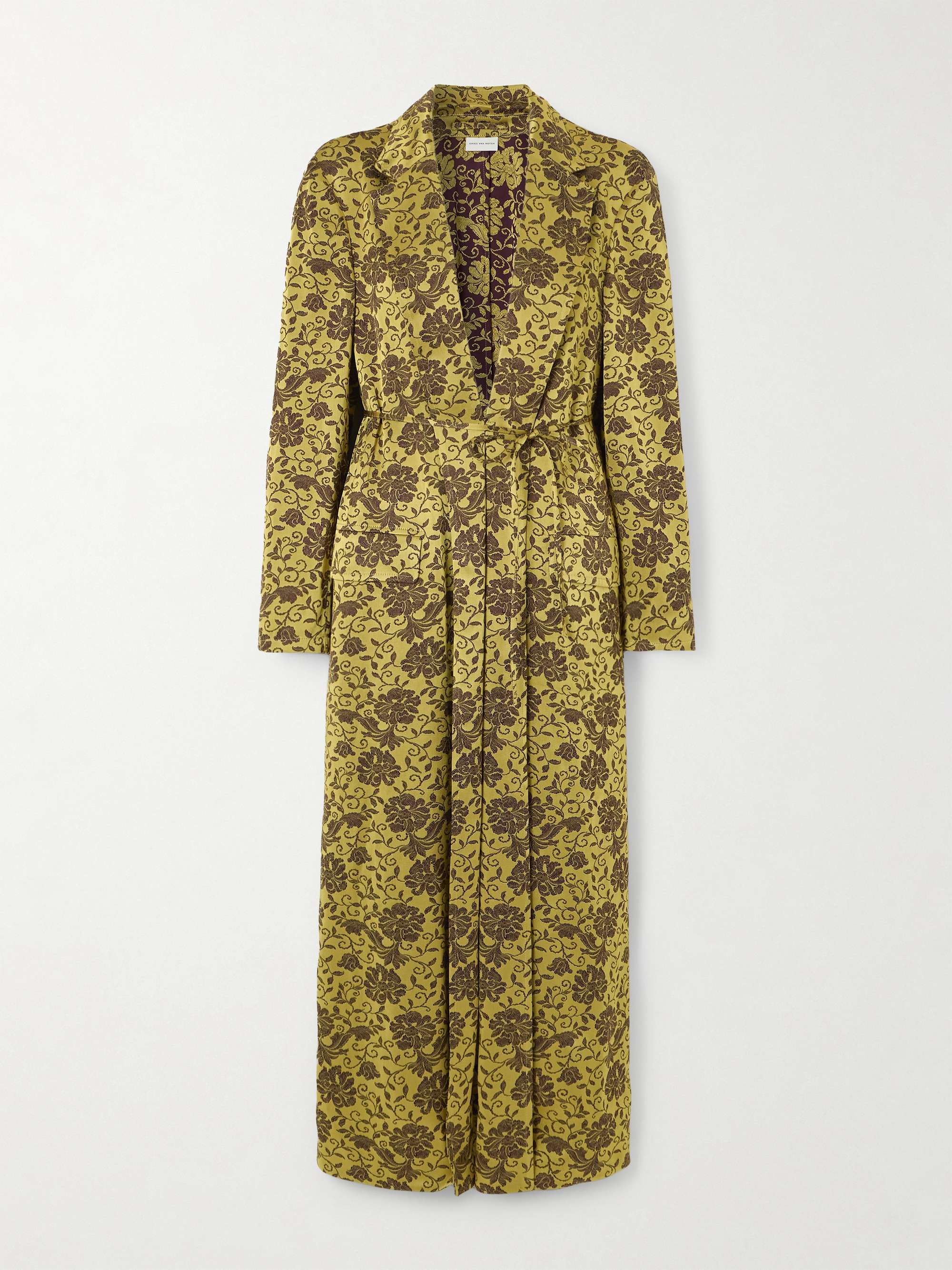Belted silk-satin jacquard coat view