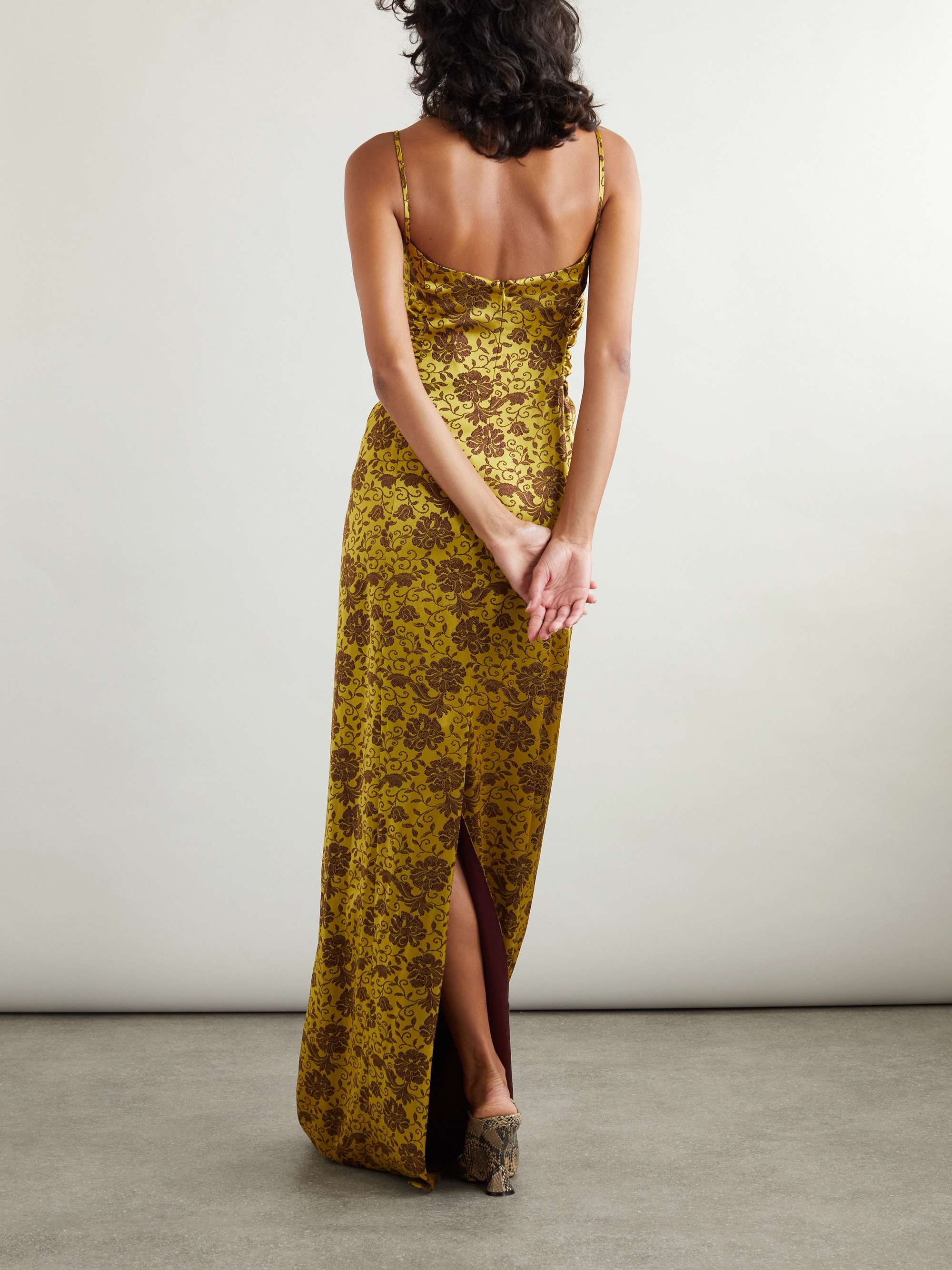 Gathered floral-brocade gown view