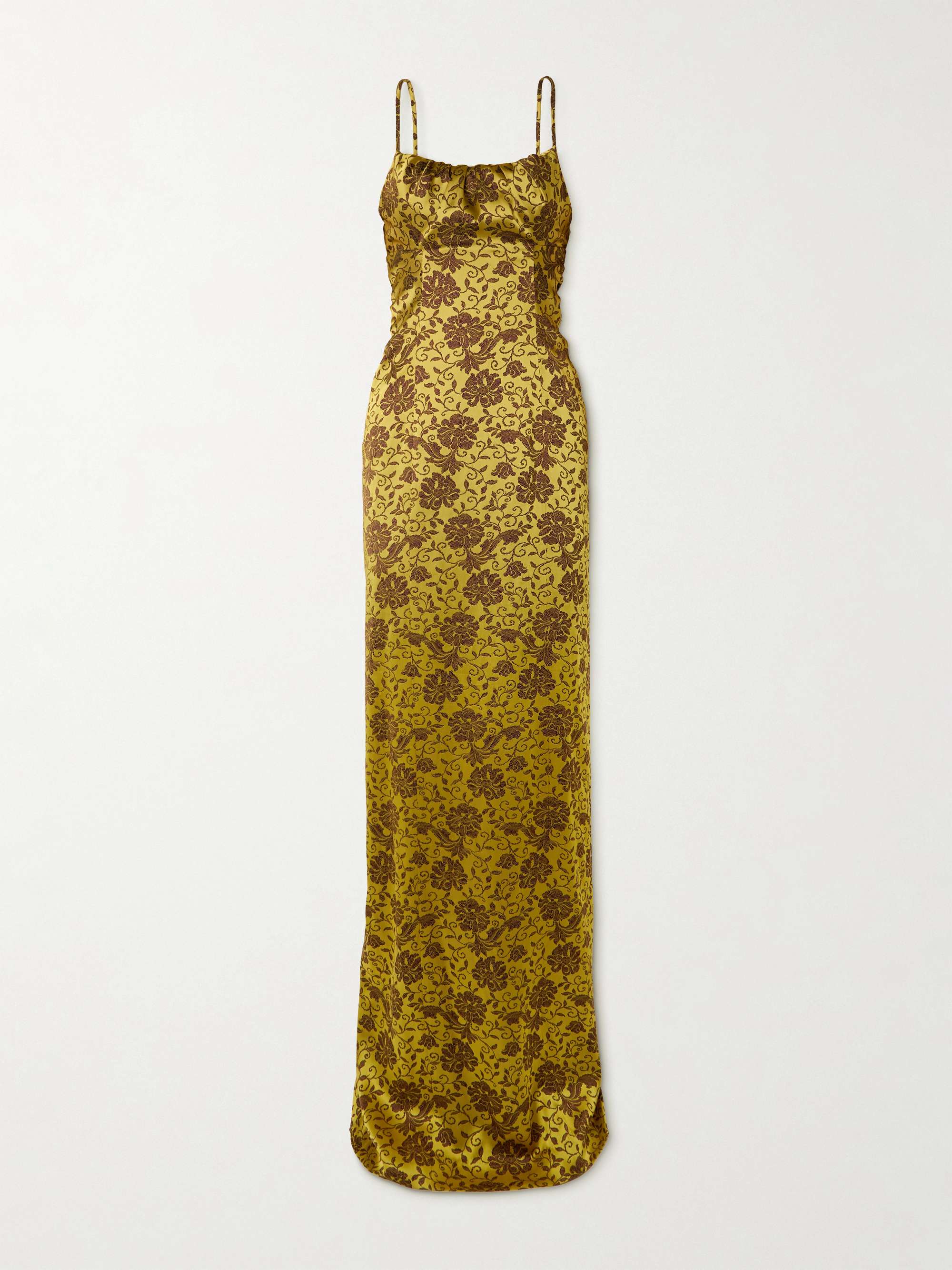 Gathered floral-brocade gown view