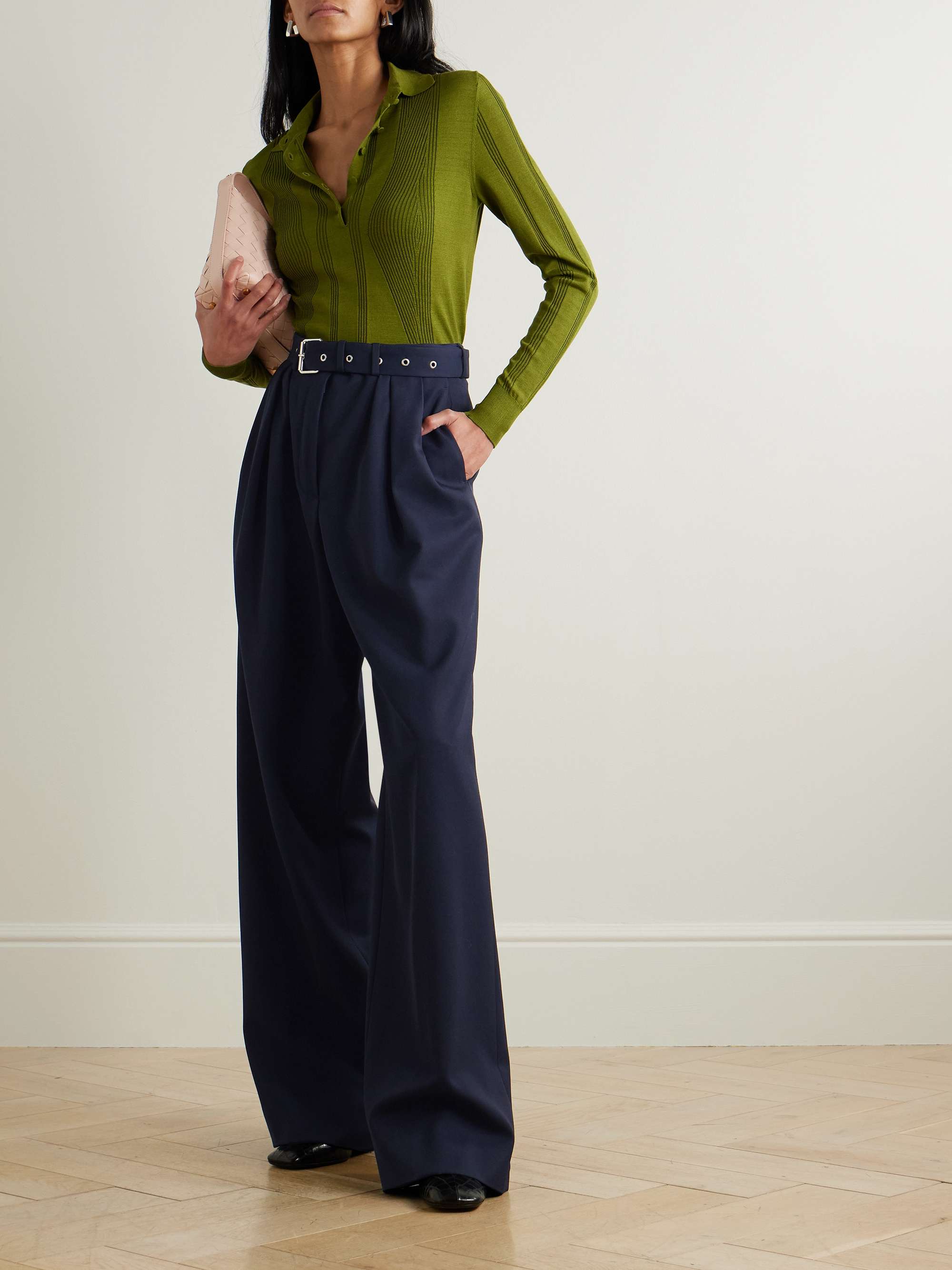 Belted pleated wool-twill wide-leg pants view