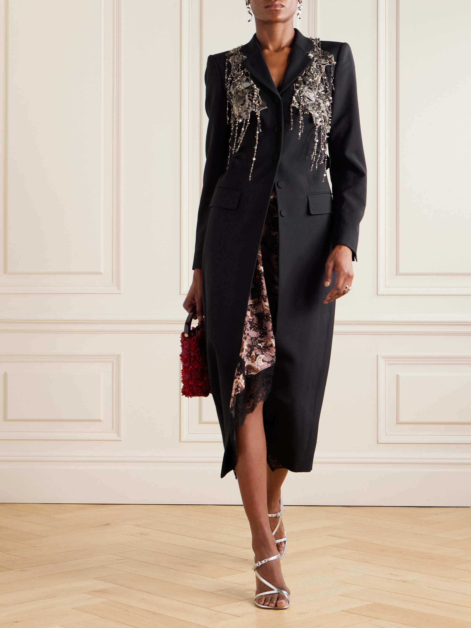 Fringed embellished wool and mohair-blend twill coat view