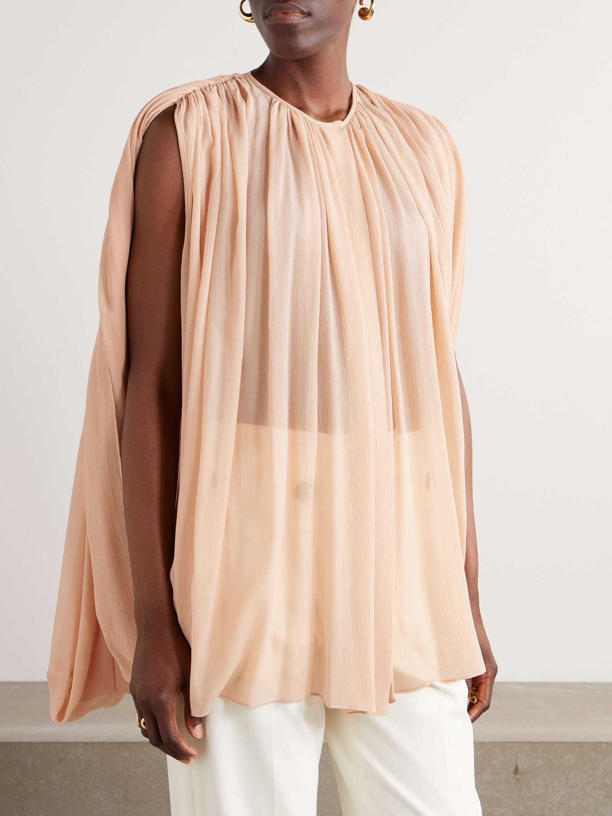Cape-effect gathered organic silk-chiffon blouse view
