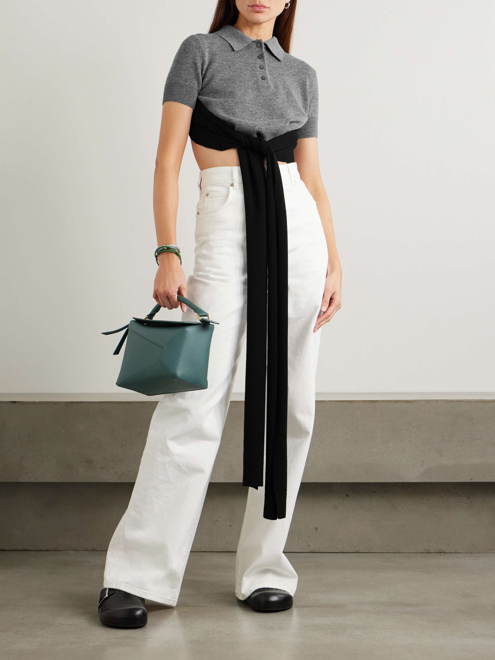 Cropped open-back tie-front wool-blend polo shirt view