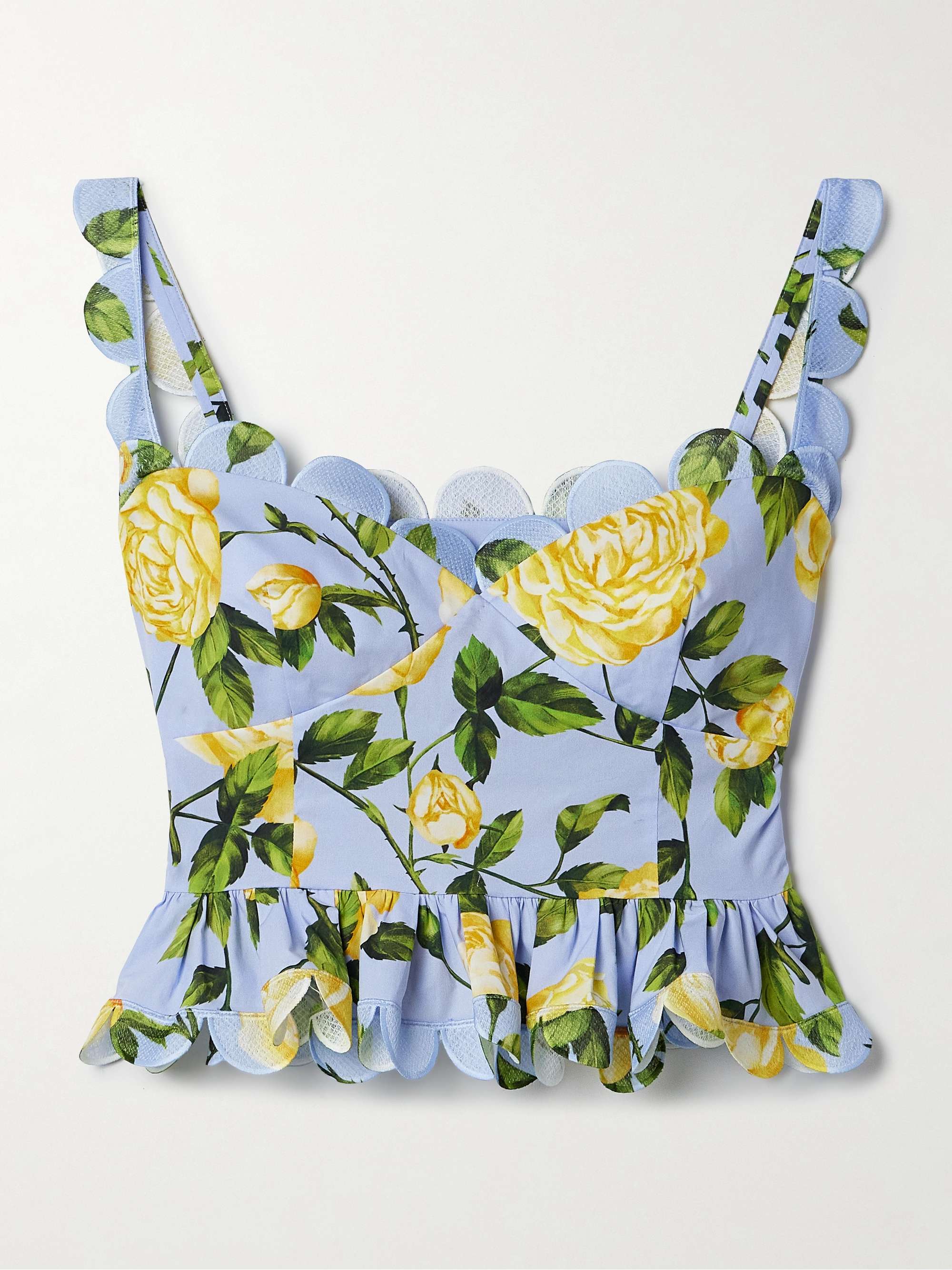 Cropped scalloped floral-print cotton-blend poplin top view