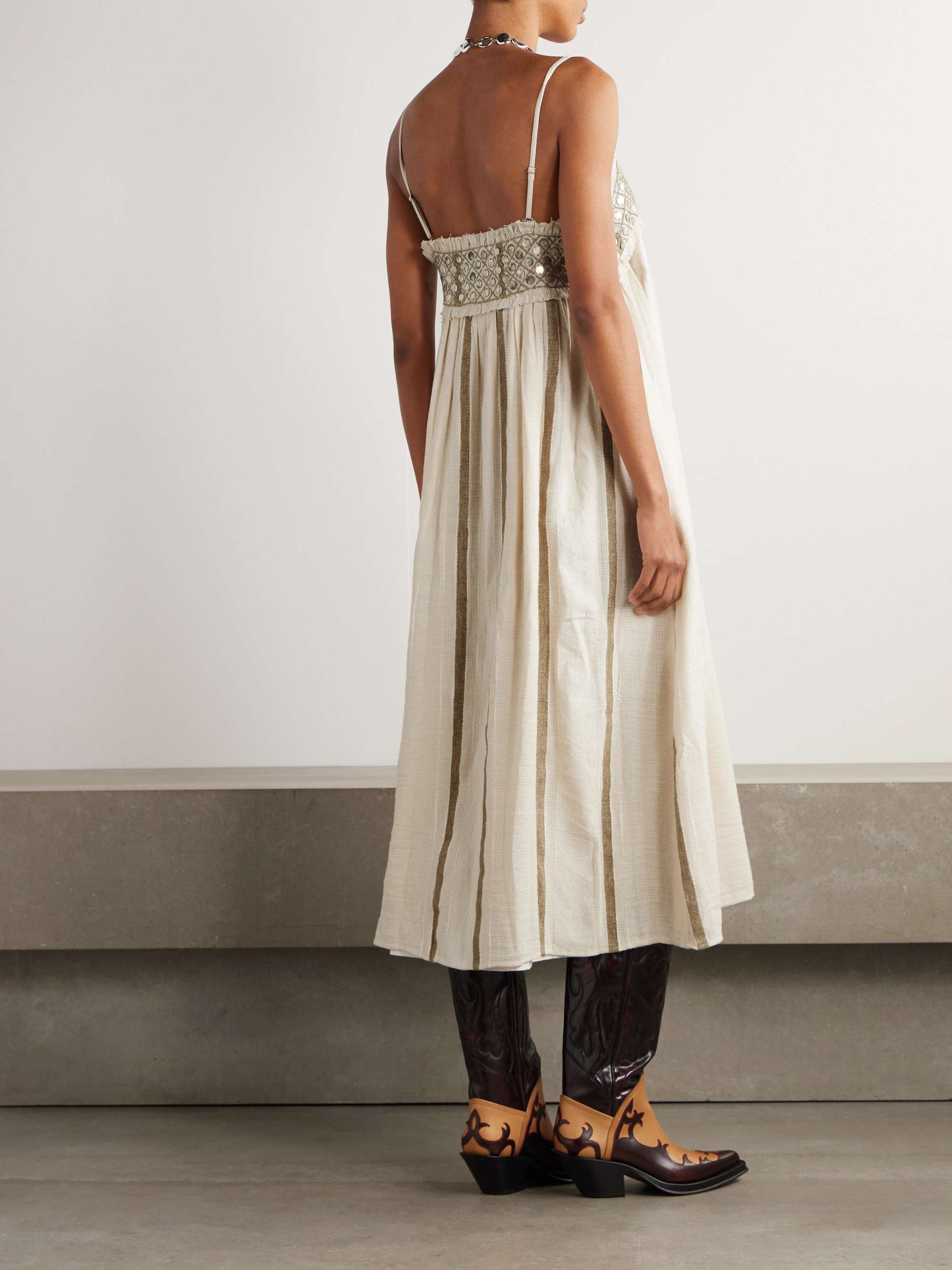Eden frayed embellished striped cotton-blend gauze midi dress view