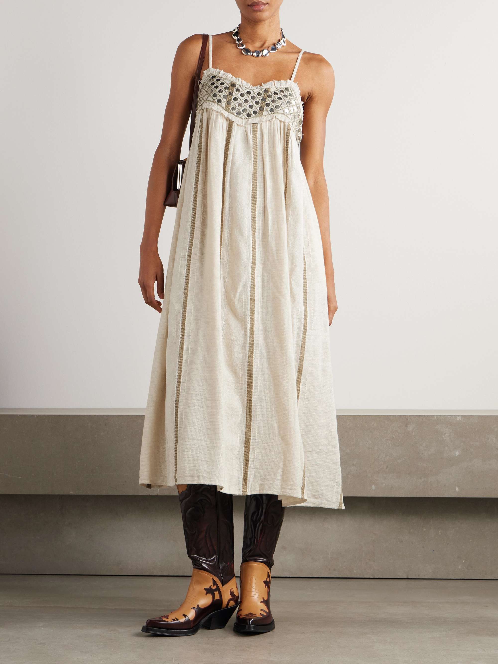 Eden frayed embellished striped cotton-blend gauze midi dress view