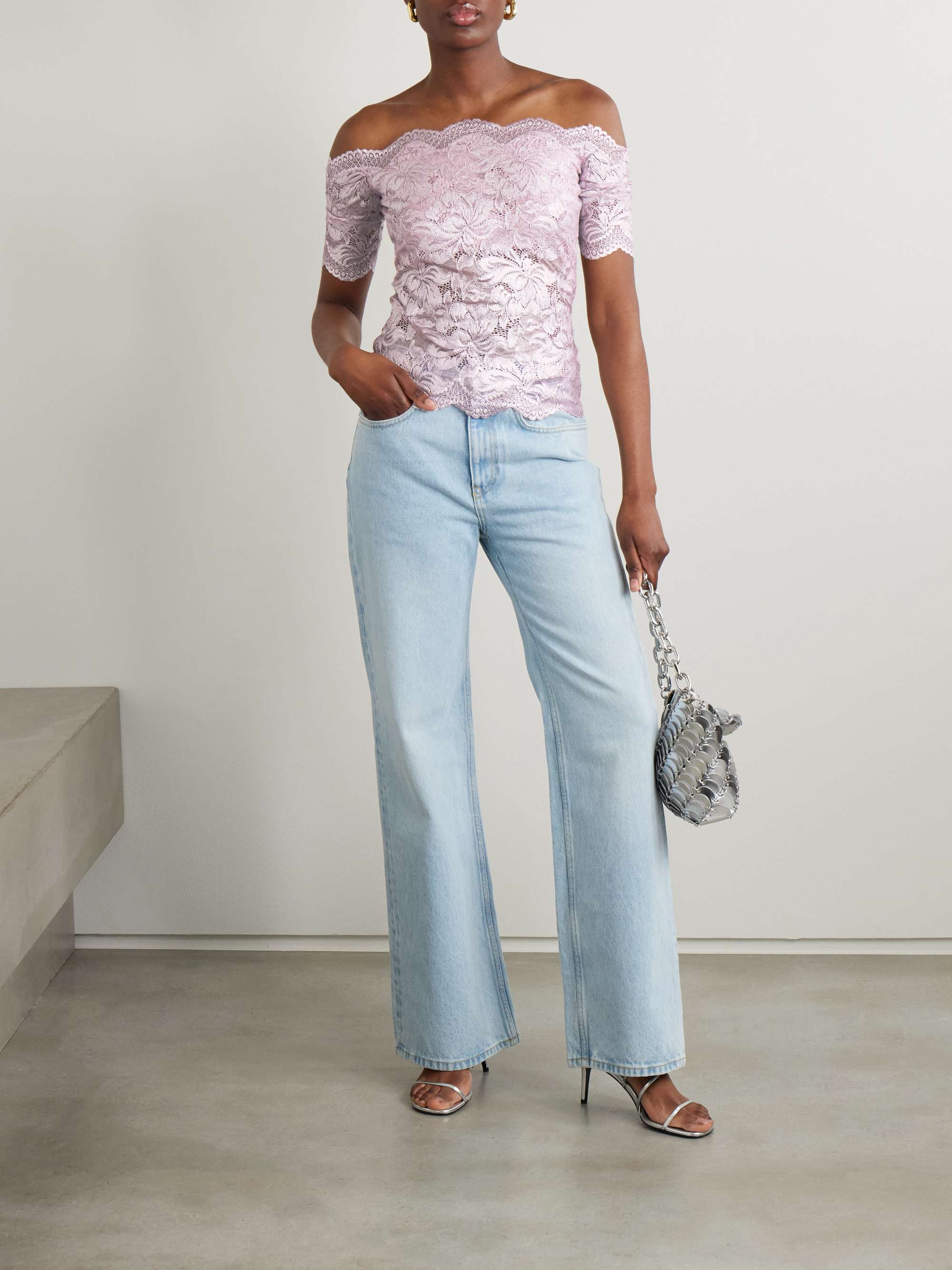Off-the-shoulder metallic stretch-lace top view