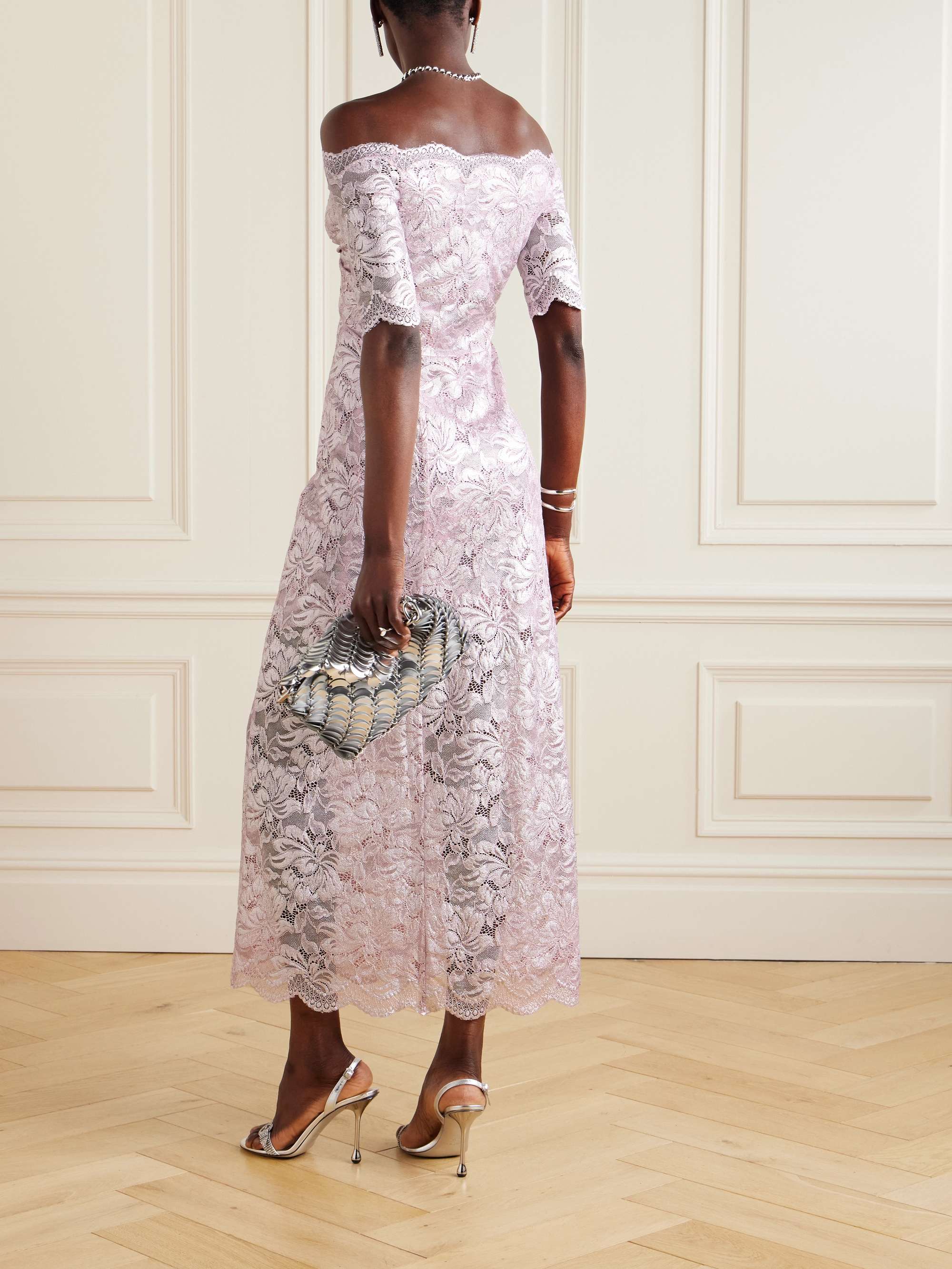 Off-the-shoulder twist-front metallic lace maxi dress view