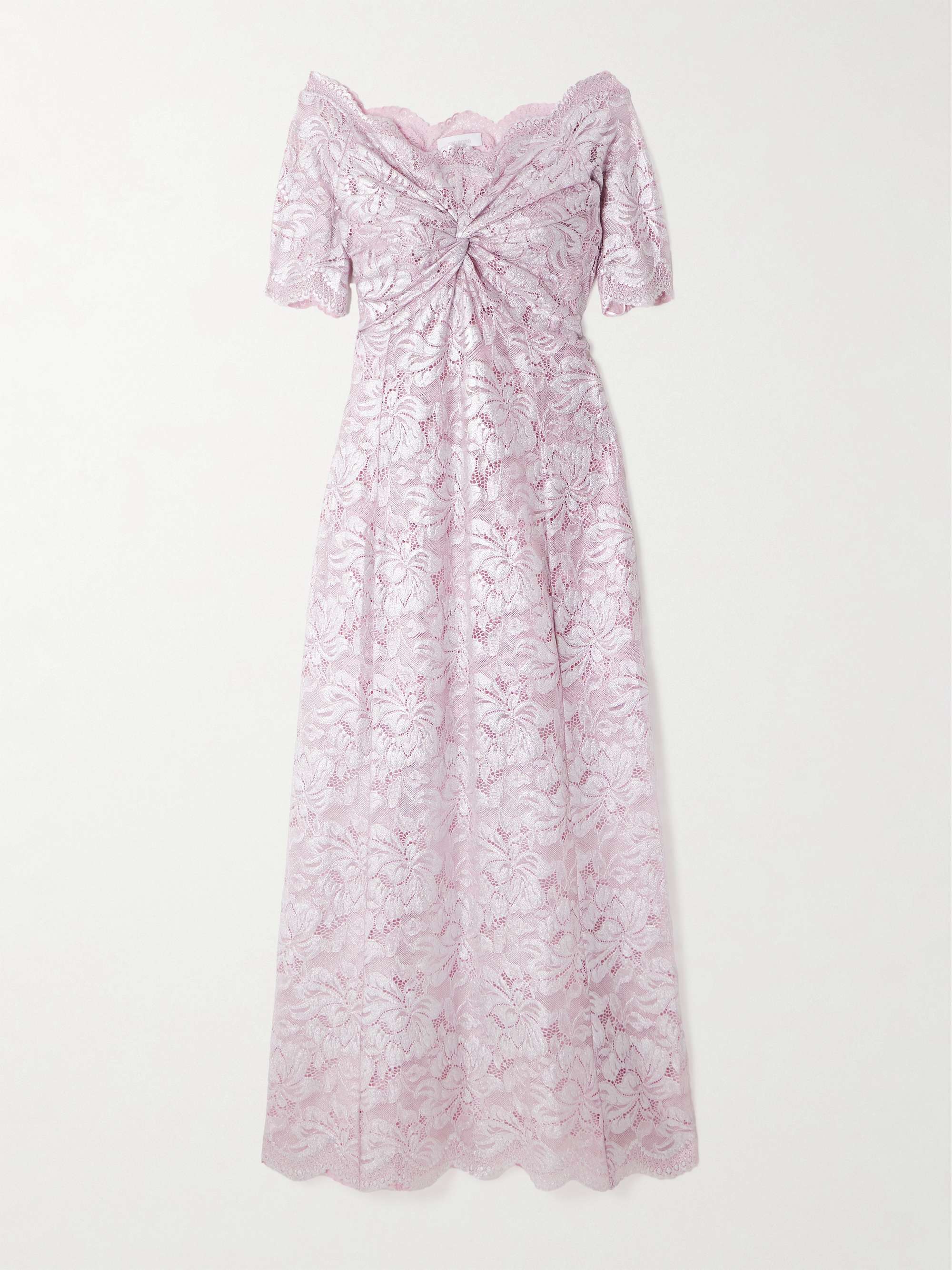 Off-the-shoulder twist-front metallic lace maxi dress view