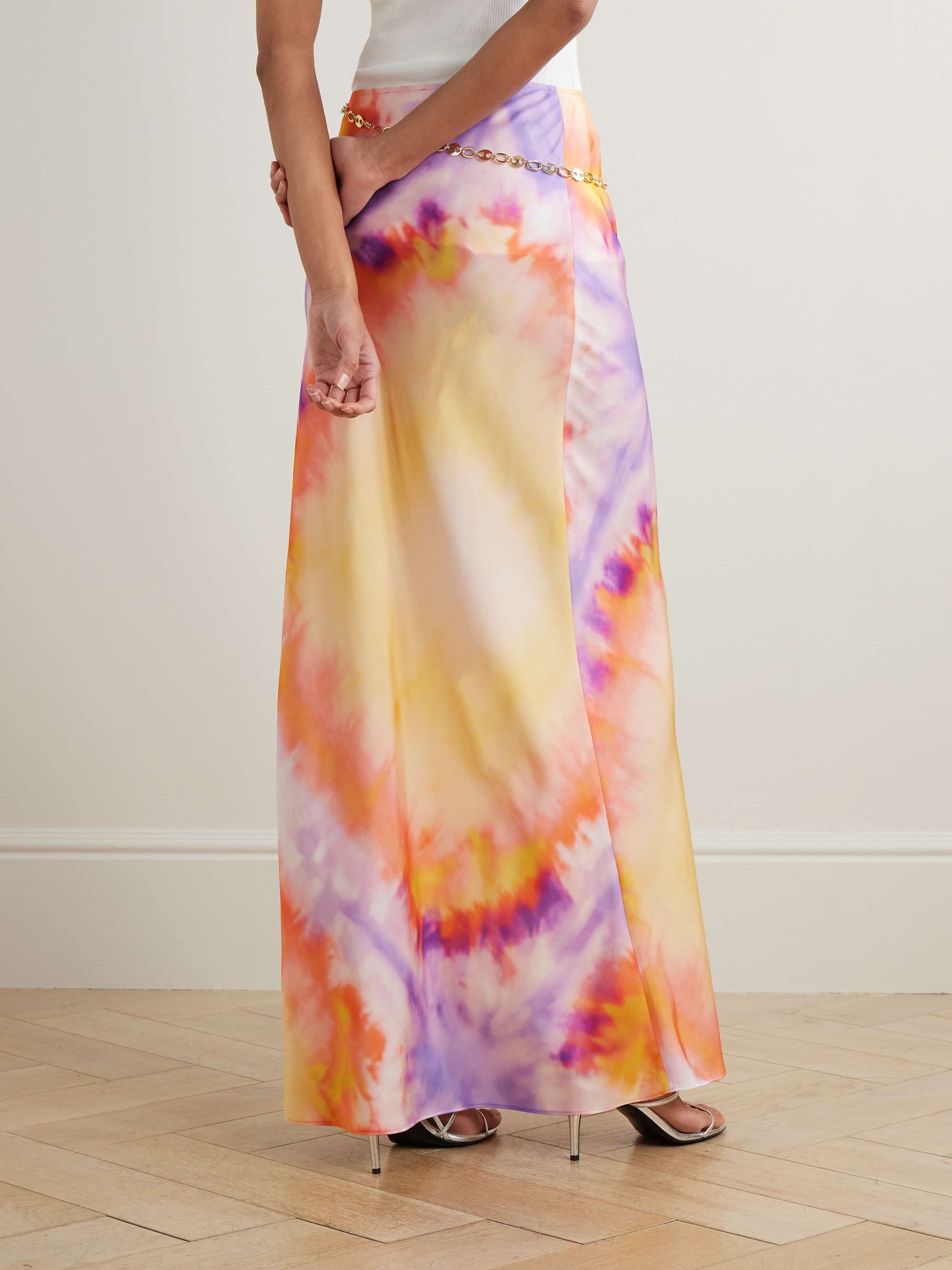 Chainmail-embellished tie-dyed satin maxi skirt view