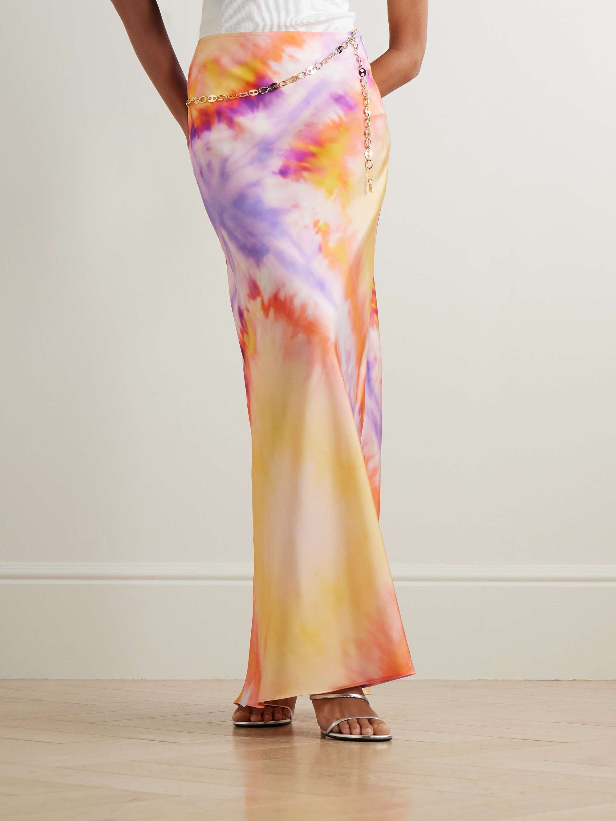 Chainmail-embellished tie-dyed satin maxi skirt view